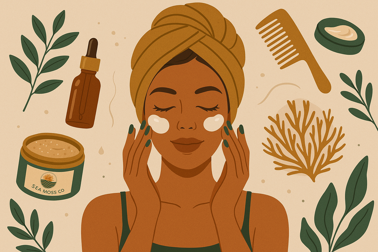 Illustration of a woman with a towel wrapped around her head, applying a facial cream, surrounded by skincare products, leaves, and natural elements.