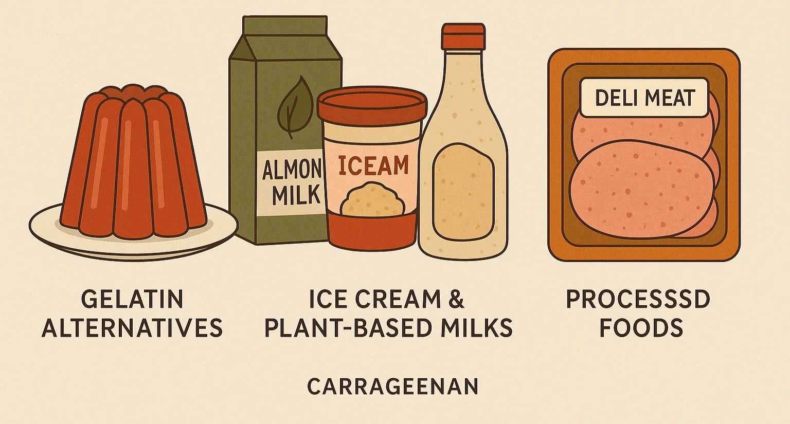 Illustration of food products including gelatin alternatives, plant-based milks and ice cream, and processed deli meats.