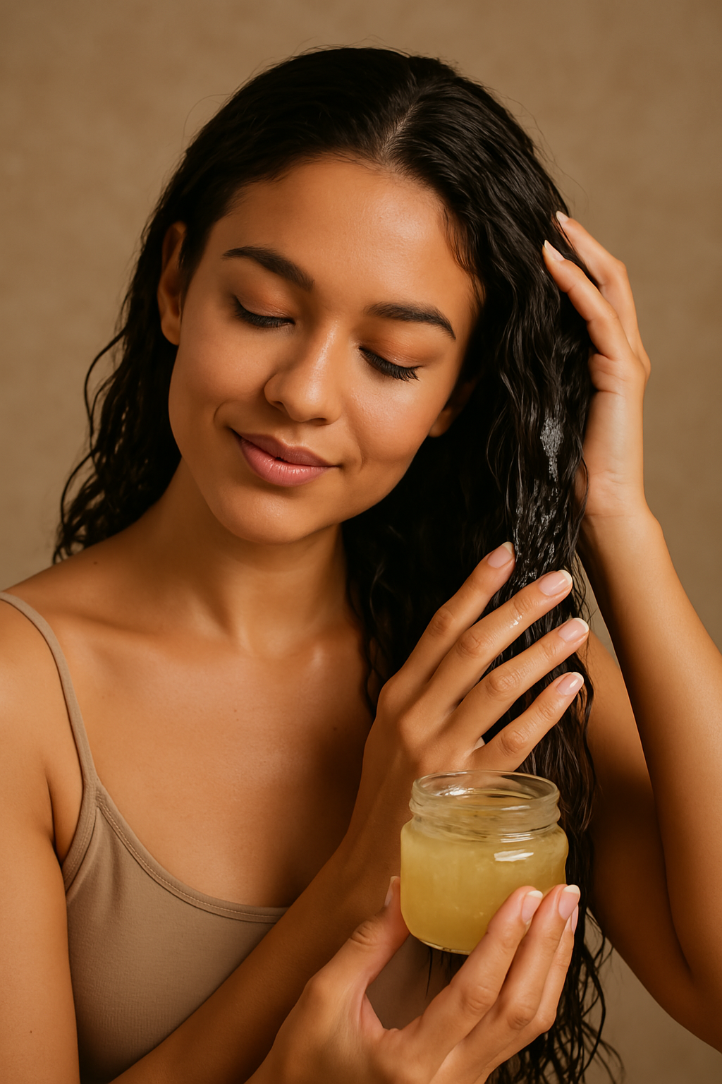 A woman with long curly dark hair smiling with closed eyes, holding a jar of hair gel in one hand and touching her hair with the other, against a neutral background.