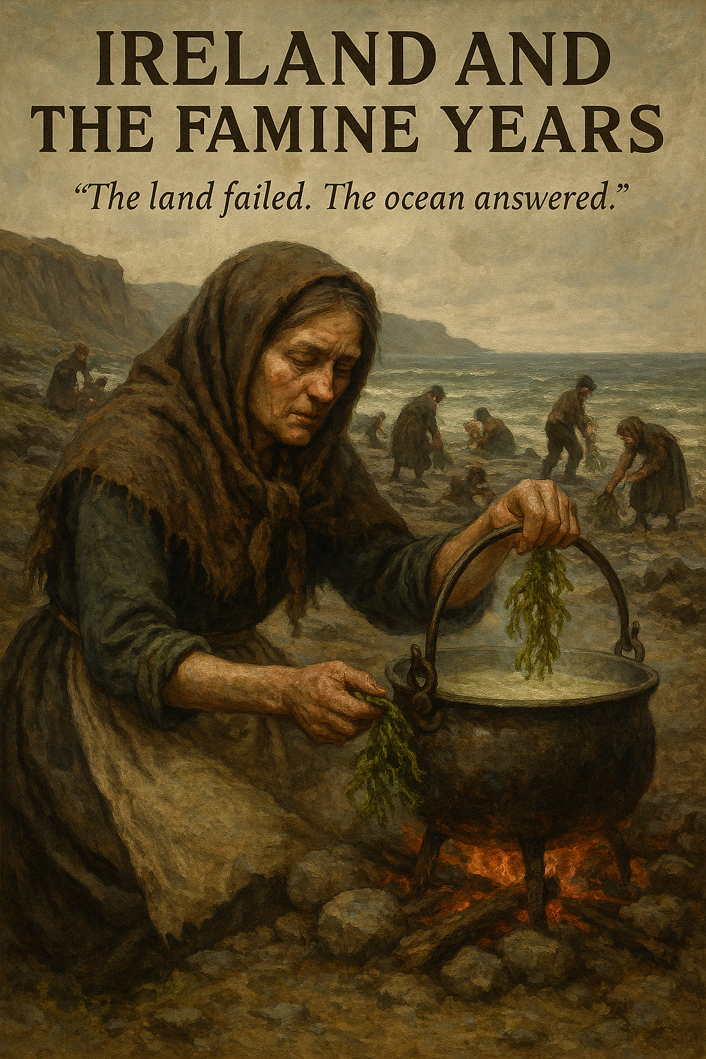 A painting titled 'Ireland and the Famine Years' depicting a woman in a brown hooded cloak cooking over an open fire with a large pot, while other women in dark clothing gather and work along the rocky shoreline with cliffs in the background.