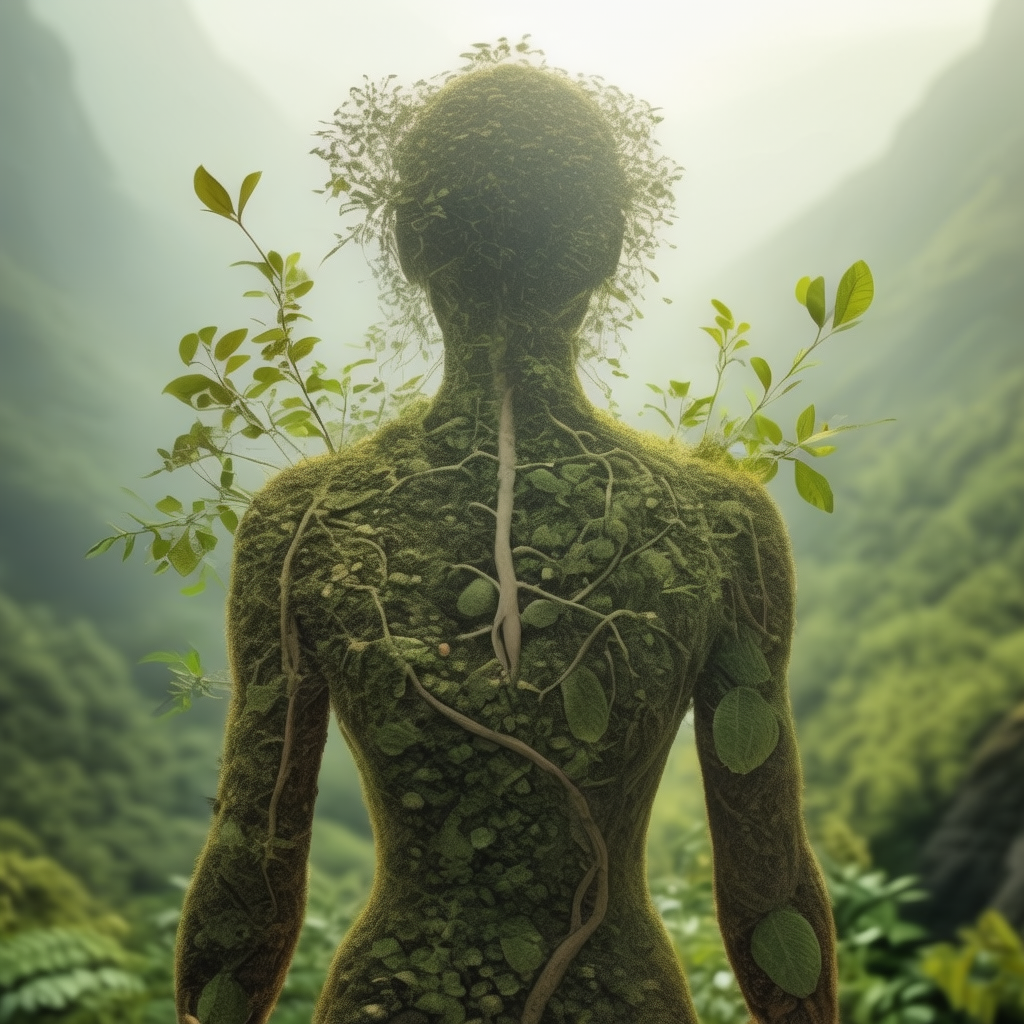 A person’s silhouette composed of moss, leaves, and vines, blending into a lush green forest background.