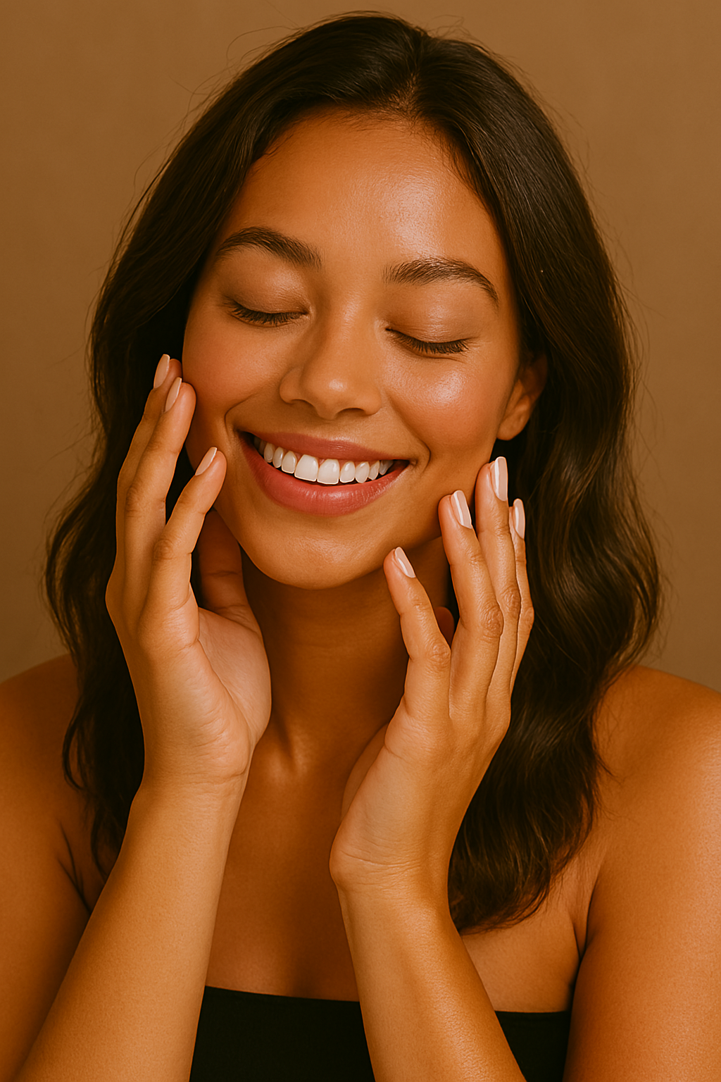 Smiling woman with eyes closed, gently touching her face with both hands, showing clear skin and white teeth.