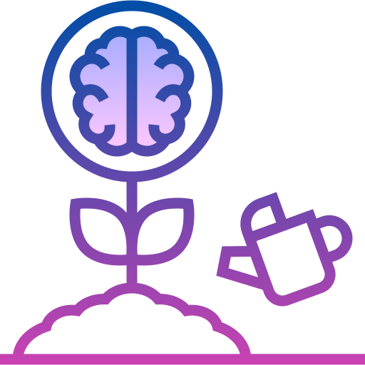 A stylized illustration of a brain growing from a flower stem, with a watering can nearby.
