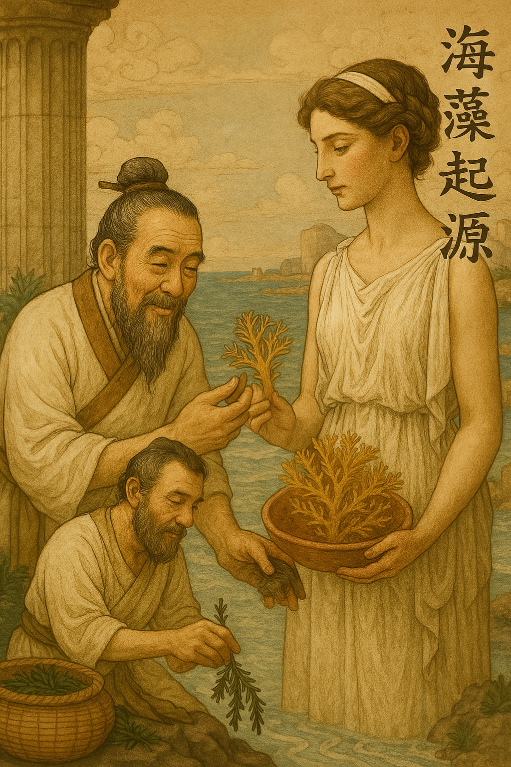 Ancient Chinese painting depicting two elderly men and a young woman holding seaweed plants near water with a scenic background and Chinese characters.
