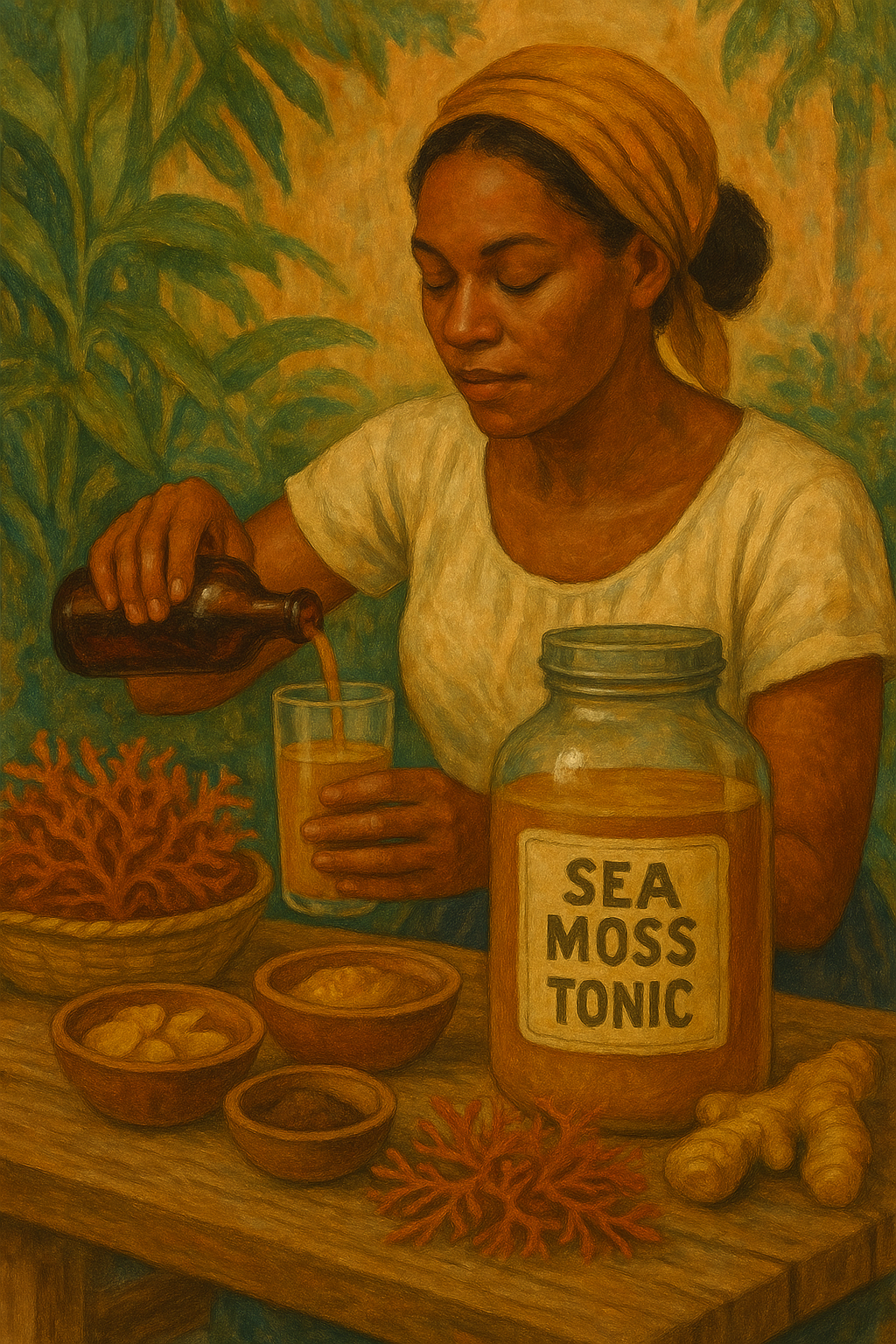 A woman with a headscarf pours a liquid into a glass, surrounded by bowls of sea moss and ginger on a wooden table, with a large jar labeled 'Sea Moss Tonic' and lush green plants in the background.