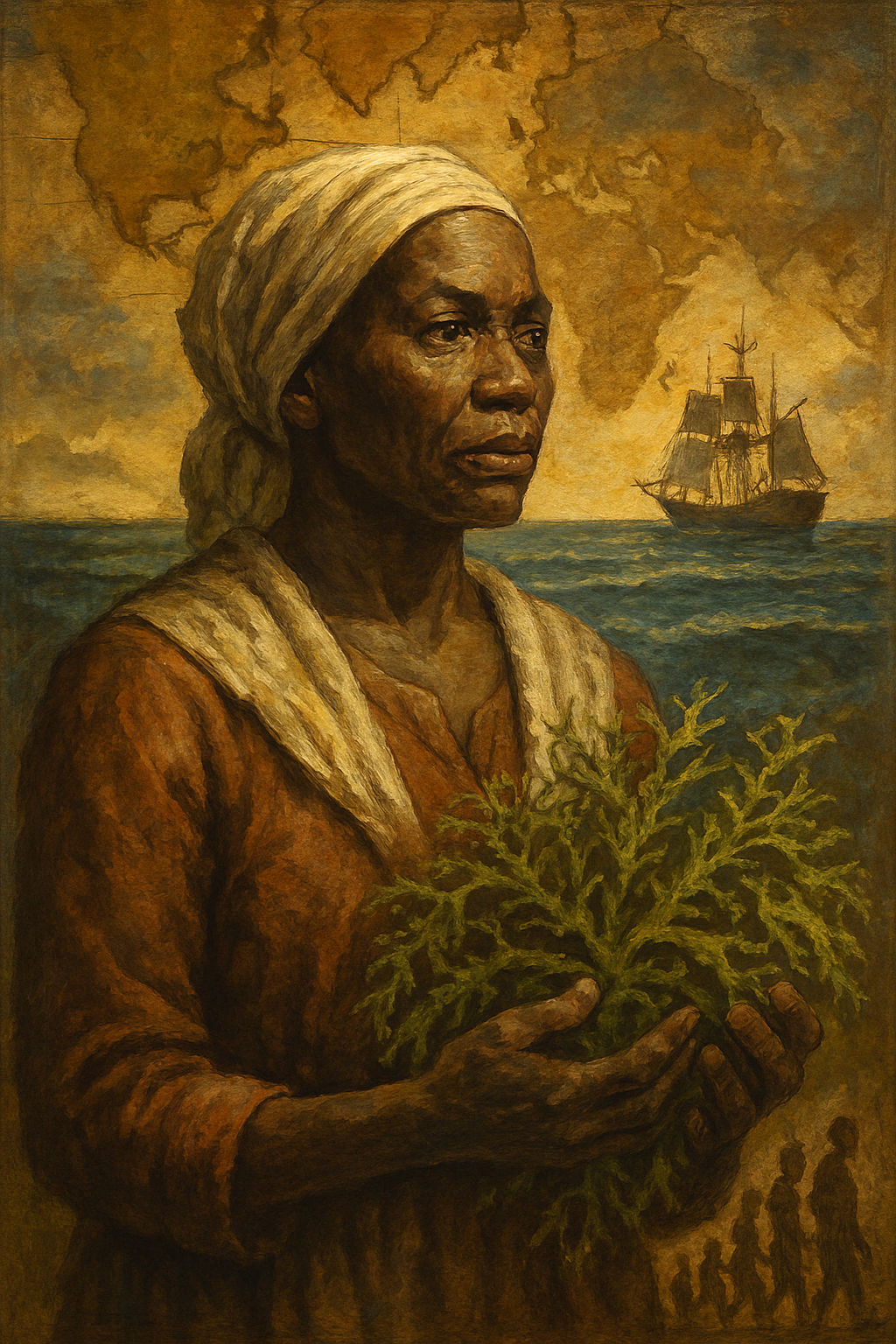 Painting of a woman holding a plant with a ship and an ocean in the background, and smoke rising behind her.