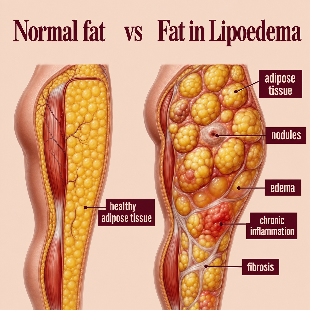 Comparison of a healthy breast with normal fat tissue on the left and a breast with lipedema on the right, showing adipose tissue, nodules, edema, chronic inflammation, and fibrosis.