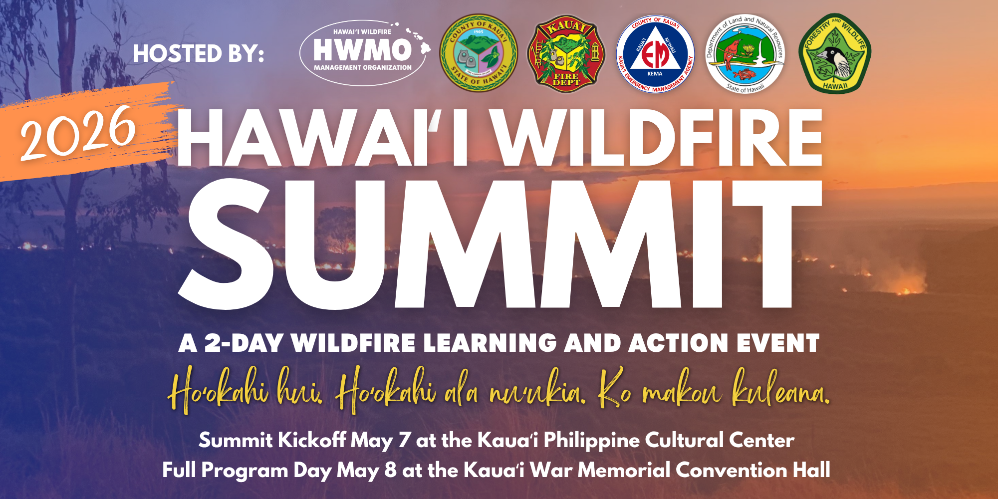 Banner for the 2026 Hawaii Wildfire Summit featuring logos of various Hawaii state agencies and organizations, with a background image of a wildfire burning during sunset.