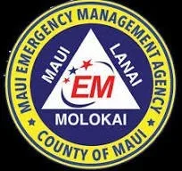 Maui County emergency management logo with yellow border, blue background, and a triangle featuring a red star and the letters 'EM'.