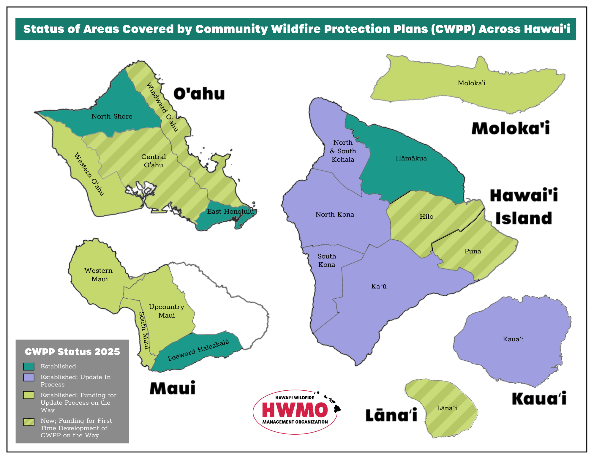 Map showing areas of Hawaii covered by community wildfire protection plans in 2023, with different colors indicating completed, in process, and national park zones. Areas with completion years and statuses are labeled, and an inset shows the Hawaii Wildfire Management Organization logo.