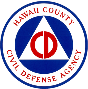 Hawaii County Civil Defense Agency logo with a blue circle, a white triangle, and red text.