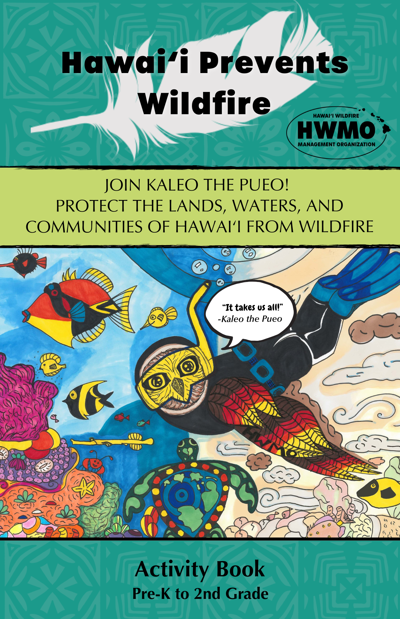 An activity book cover titled 'Hawaii Prevents Wildfire' features an underwater scene with a scuba diver wearing a yellow mask and wetsuit surrounded by colorful tropical fish, coral, and a turtle, with orange, blue, and yellow background elements.