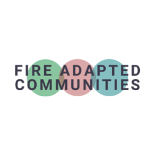 Text reads "FIRE ADAPTED COMMUNITIES" with overlapping circles in green, pink, and blue behind some letters.