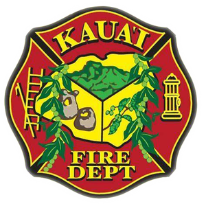 Kauai Fire Department emblem with a mountain, ladder, fire hydrant, and green foliage.