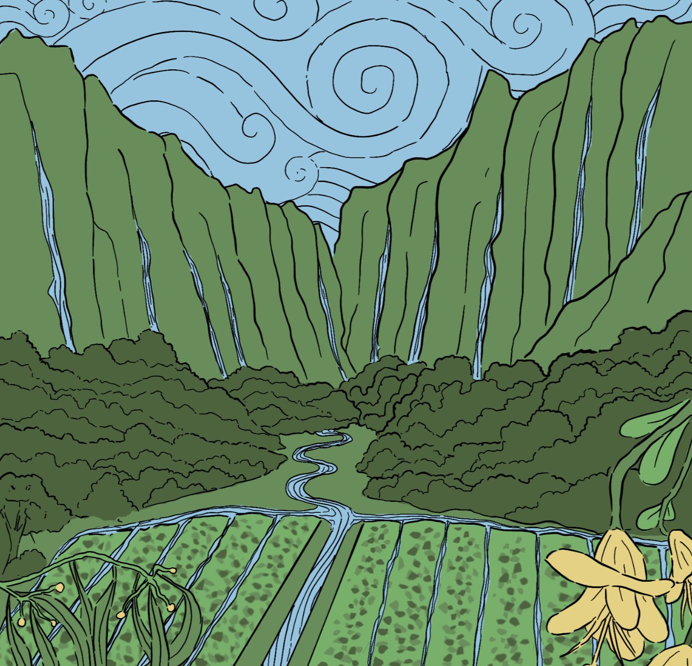 A digital drawing of a landscape with tall green mountains with waterfalls cascading down their slopes, a blue swirling sky, a winding river flowing through a forested valley, and fields with crops and yellow flowers in the foreground.