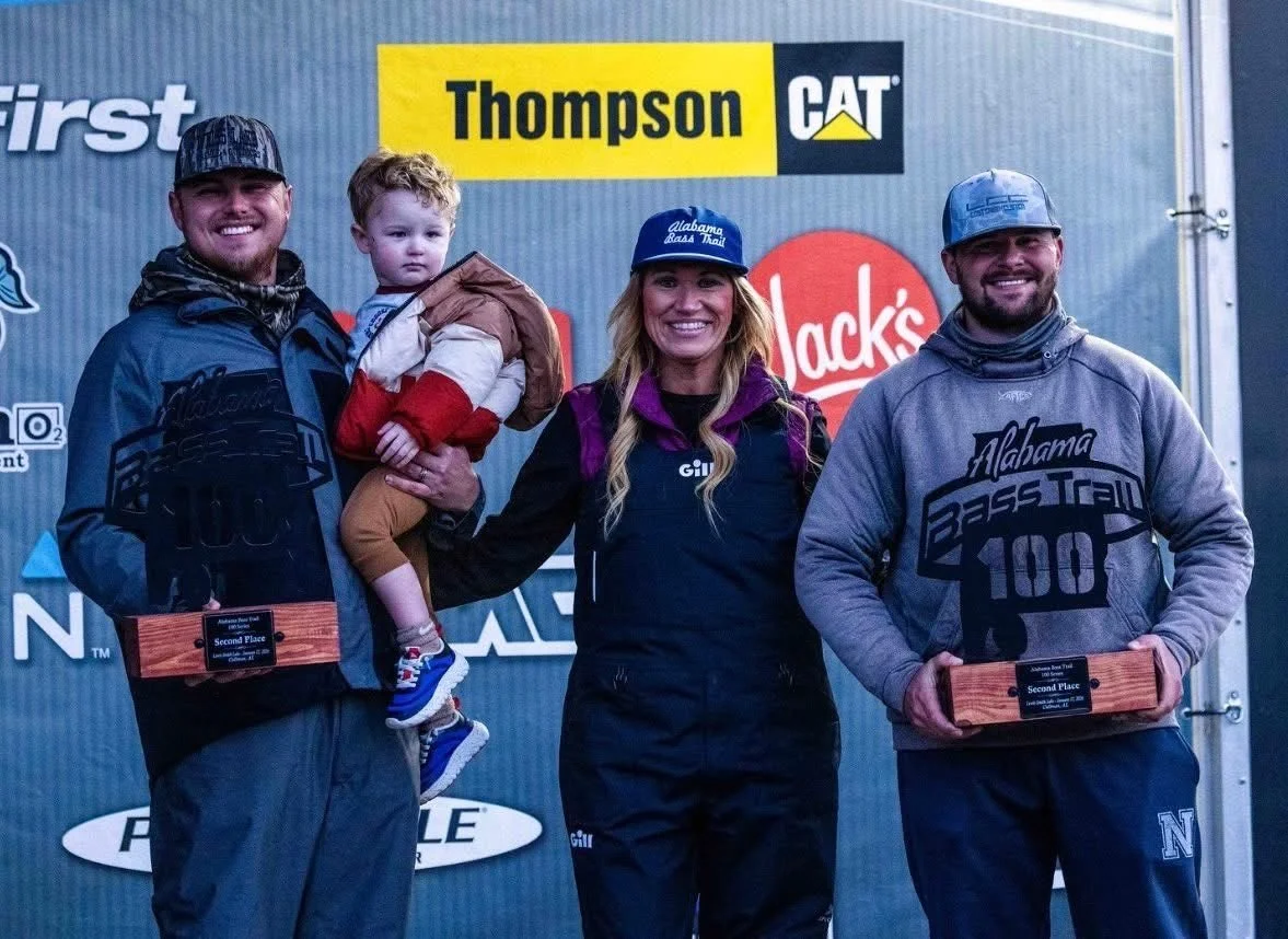 BWCJ angler Austin Swindle (on the right) and his partner showing off their 2nd place hardware from the ABT 100 at Smith Lake 1/17/2026.