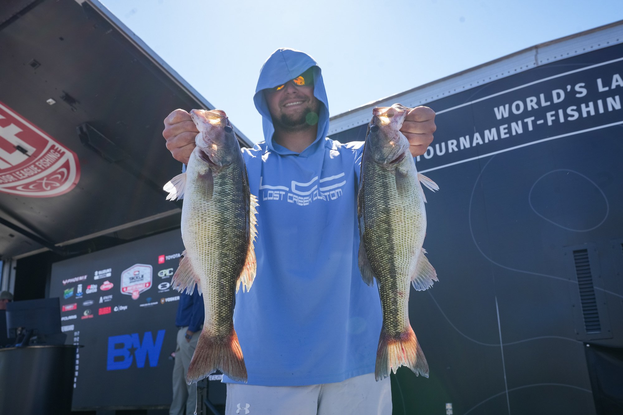 BWCJ angler Austin Swindle showing off some nice bass during weigh-in at Lake Hartwell.