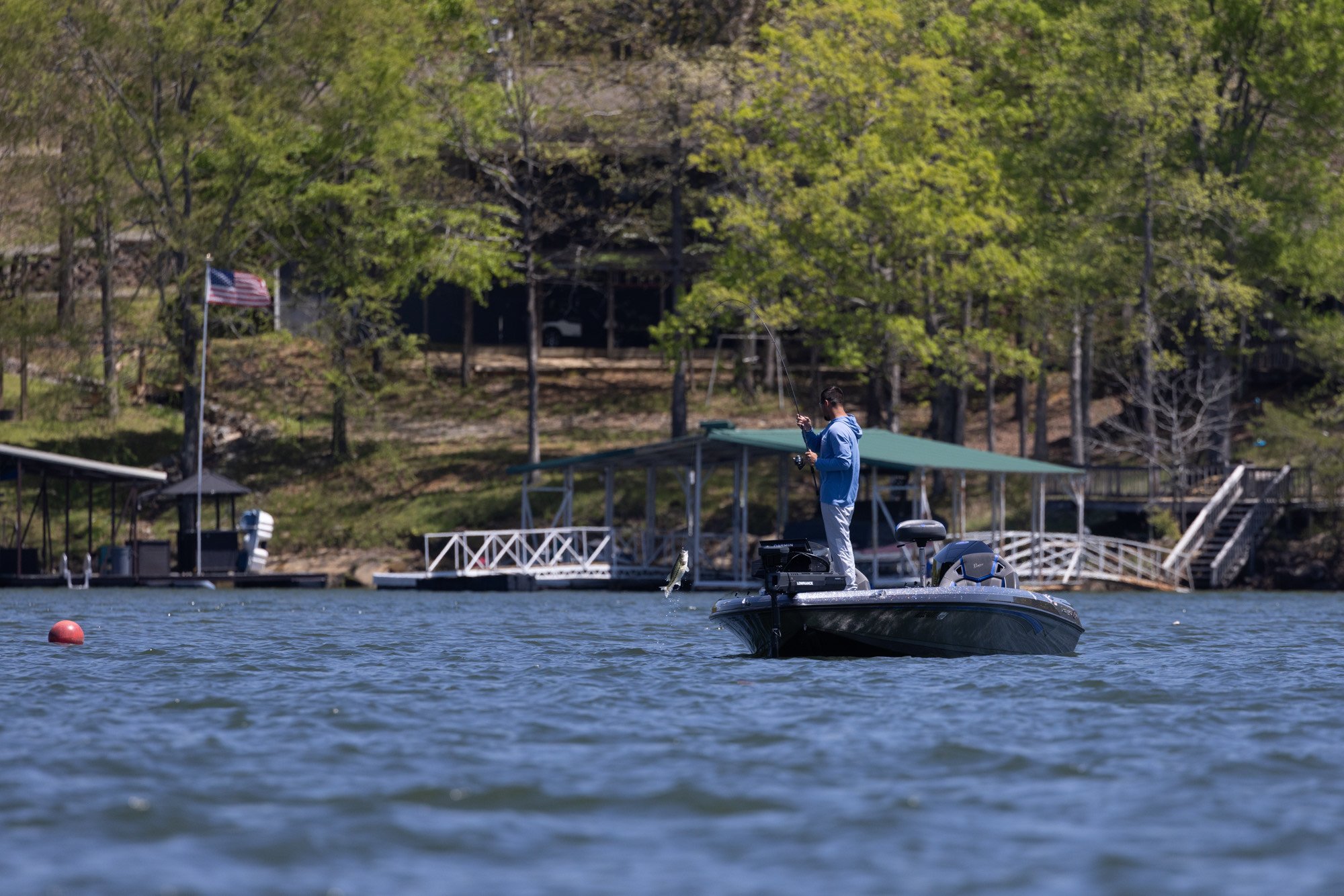BWCJ angler Austin Swindle doing work on Lake Hartwell during the Tackle Warehouse series tourney.