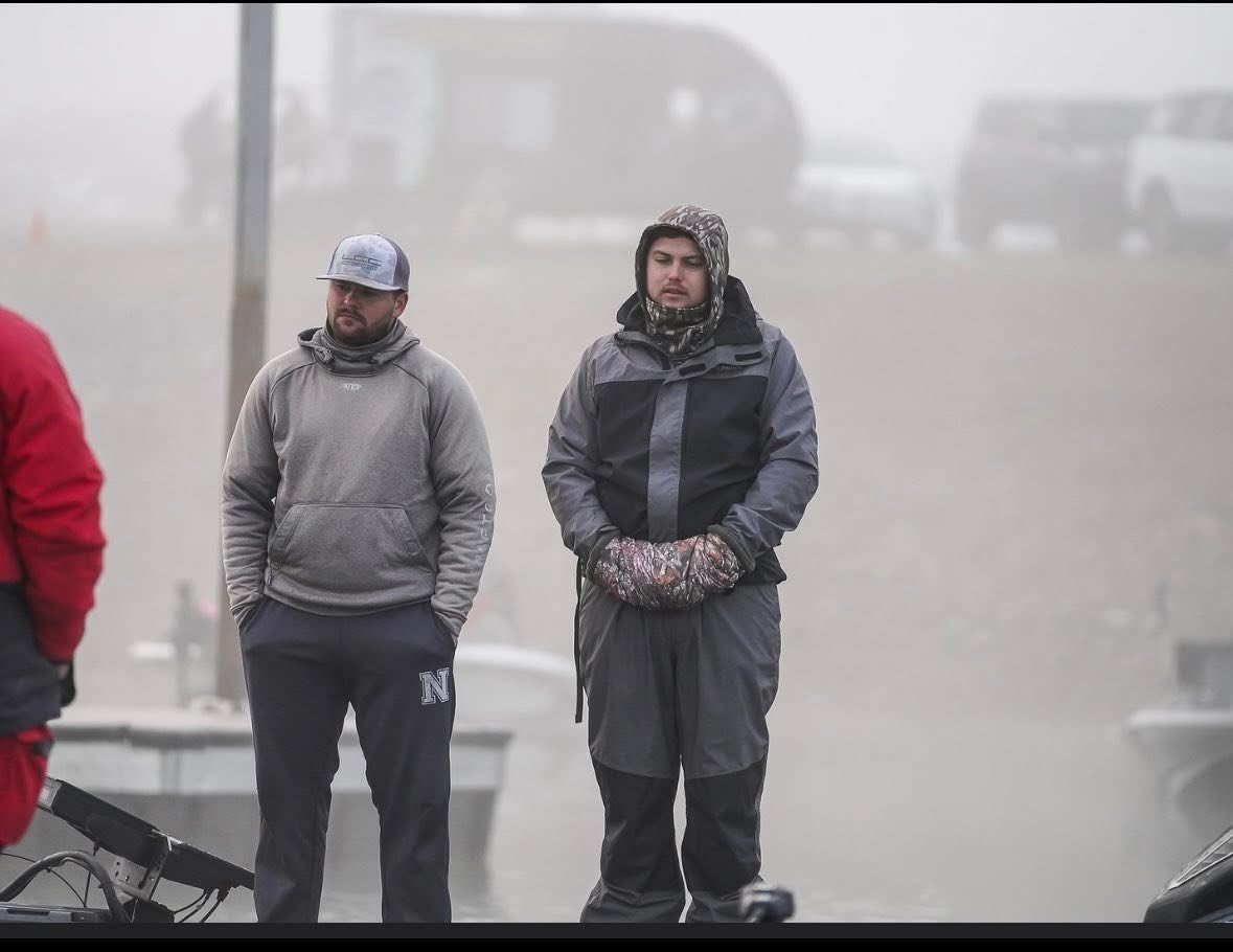 BWCJ angler Austin Swindle (on the left) and his partner waiting out the 3 hour fog delay at the ABT 100 on Smith Lake 1/17/2026.