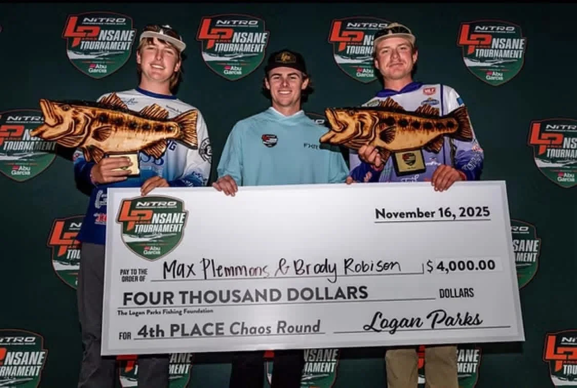 BWCJ high school angler Max Plemmons and his partner showing off their 4th place finish in the Logan Parks Nsane tourney on Lake Martin 2025 with Logan Parks himself.