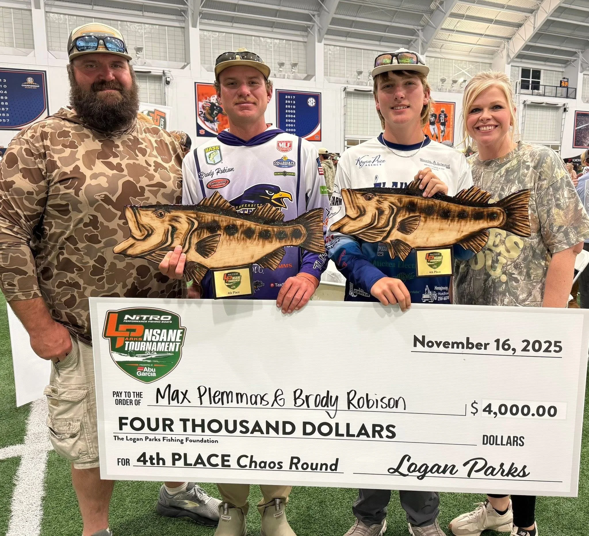 BWCJ high school angler Max Plemmons, his parents, and his partner showing off their 4th place finish in the Logan Parks Nsane tourney on Lake Martin 2025.