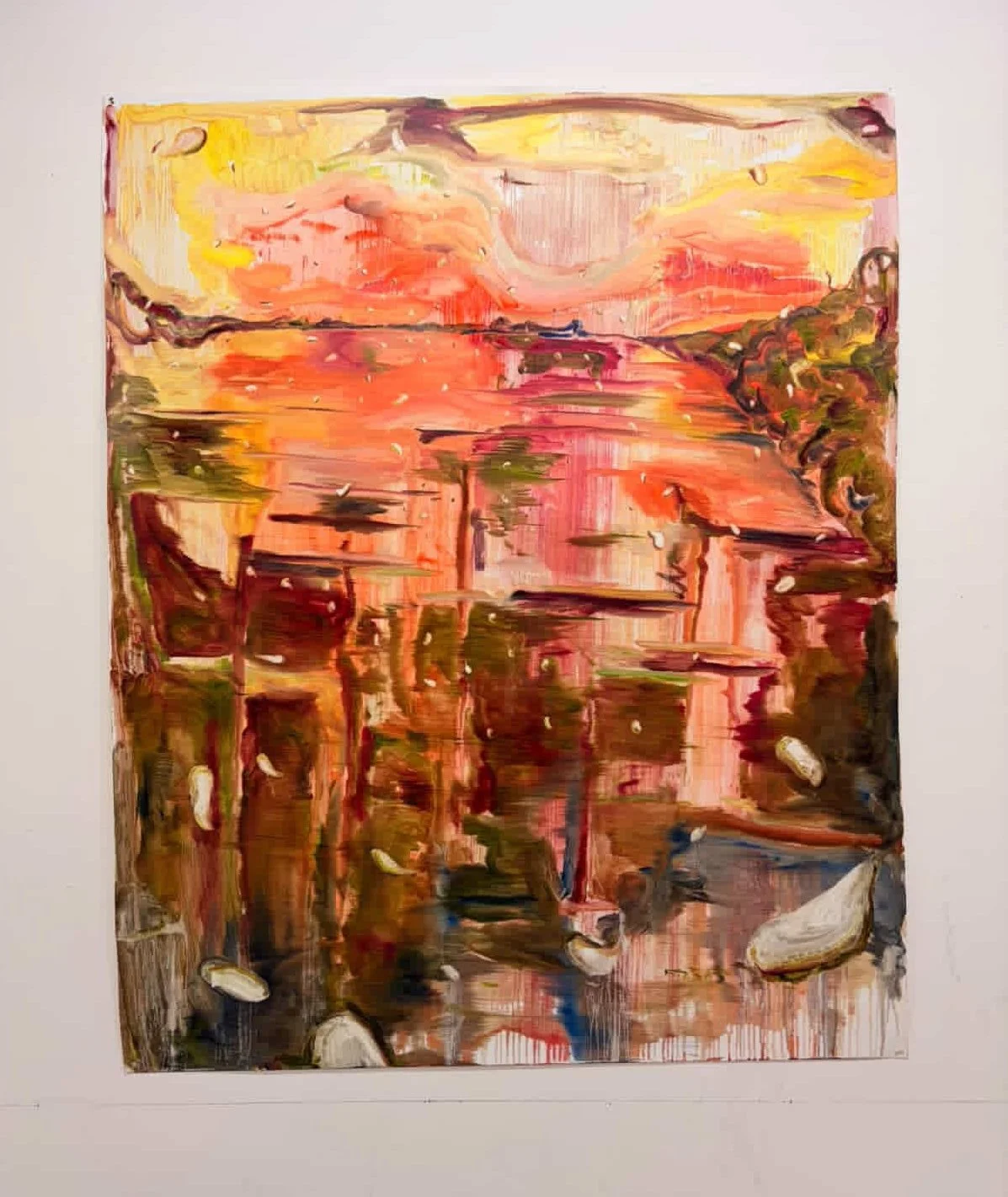 Abstract landscape painting in saturated oranges, reds, and yellows with dripping paint and reflective water-like forms.