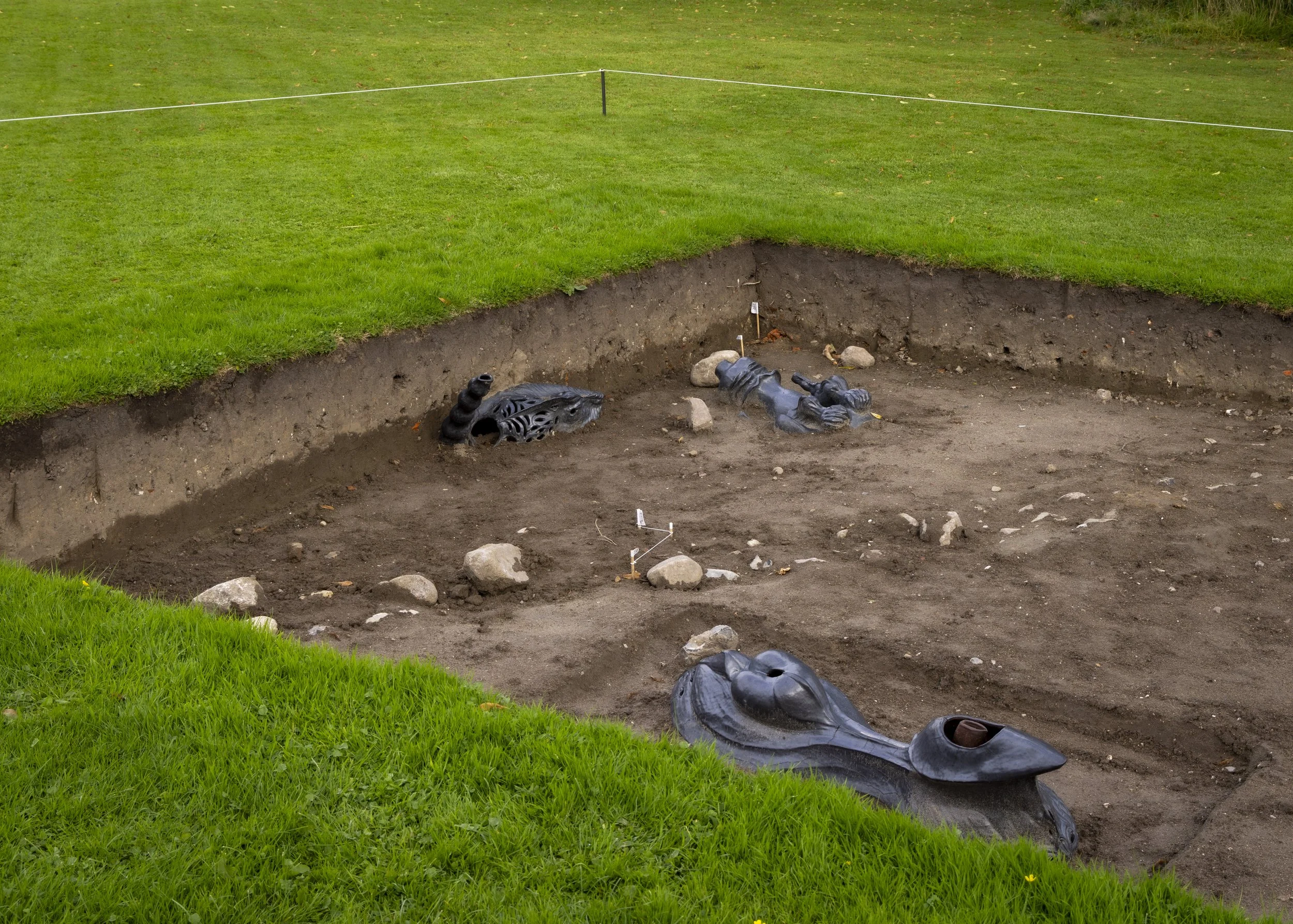A grass field has a manmade square plot dug into its surface that is roped off. In the dirt plot, rocks and black sculptures of semi-organic, sleek forms rest and poke out of the dirt.