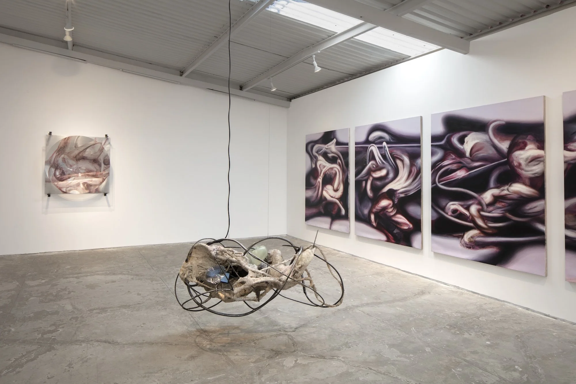 Wide view of a gallery installation featuring abstract paintings on the walls and a suspended sculptural form made of organic material and metal tubing.