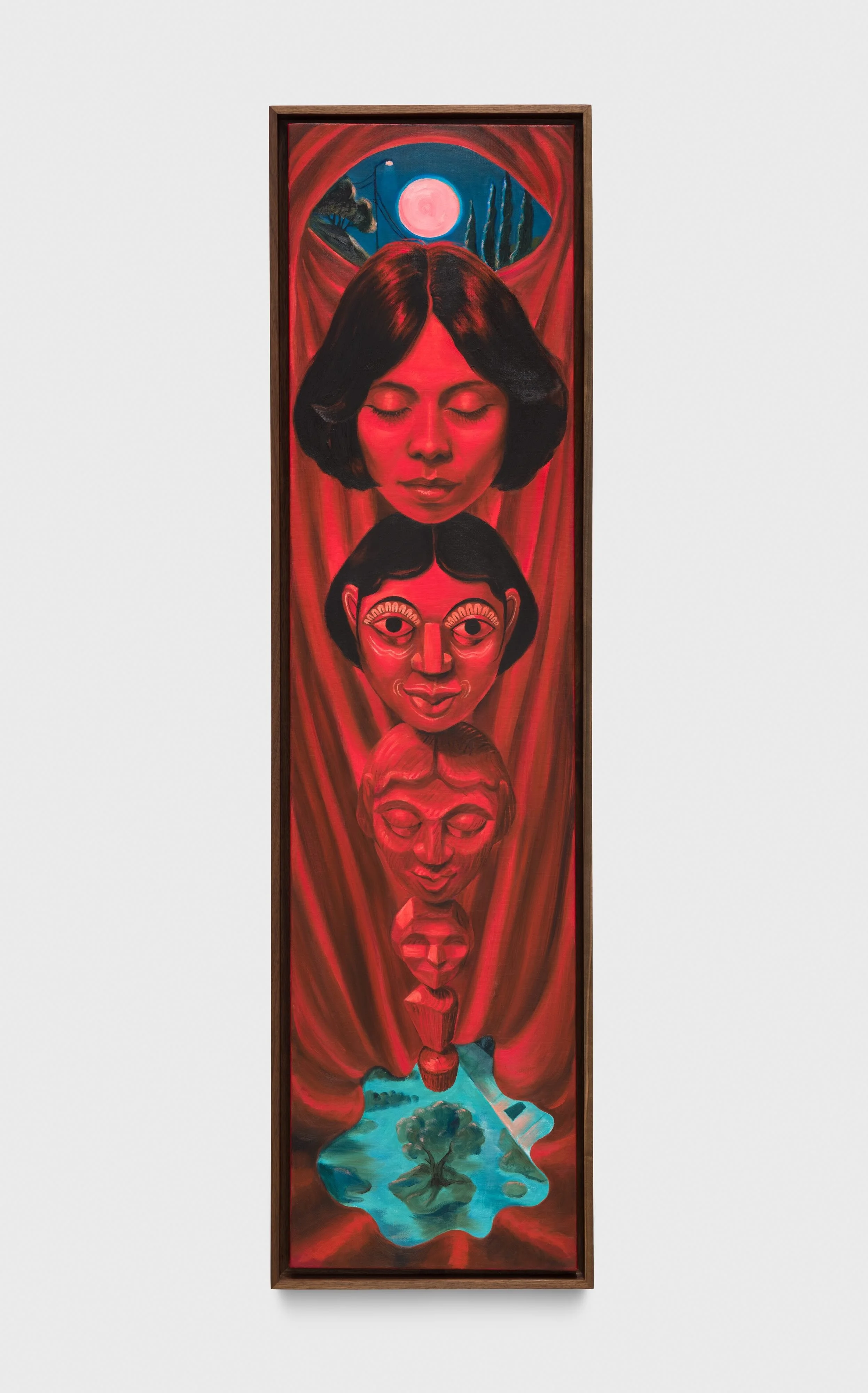 A long, vertical canvas features a totem-like stack of heads in decreasing forms of detail. At the bottom, a red curtain makes way for an aerial view of a blue landscape with a central tree.