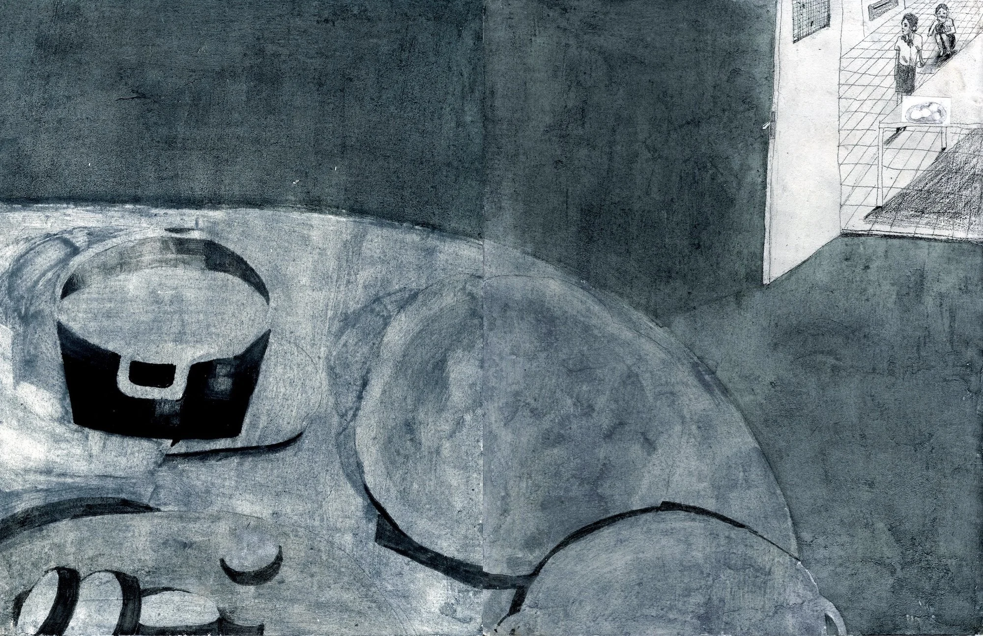 Dark interior with a bed-like form; distant figures visible through an open doorway.