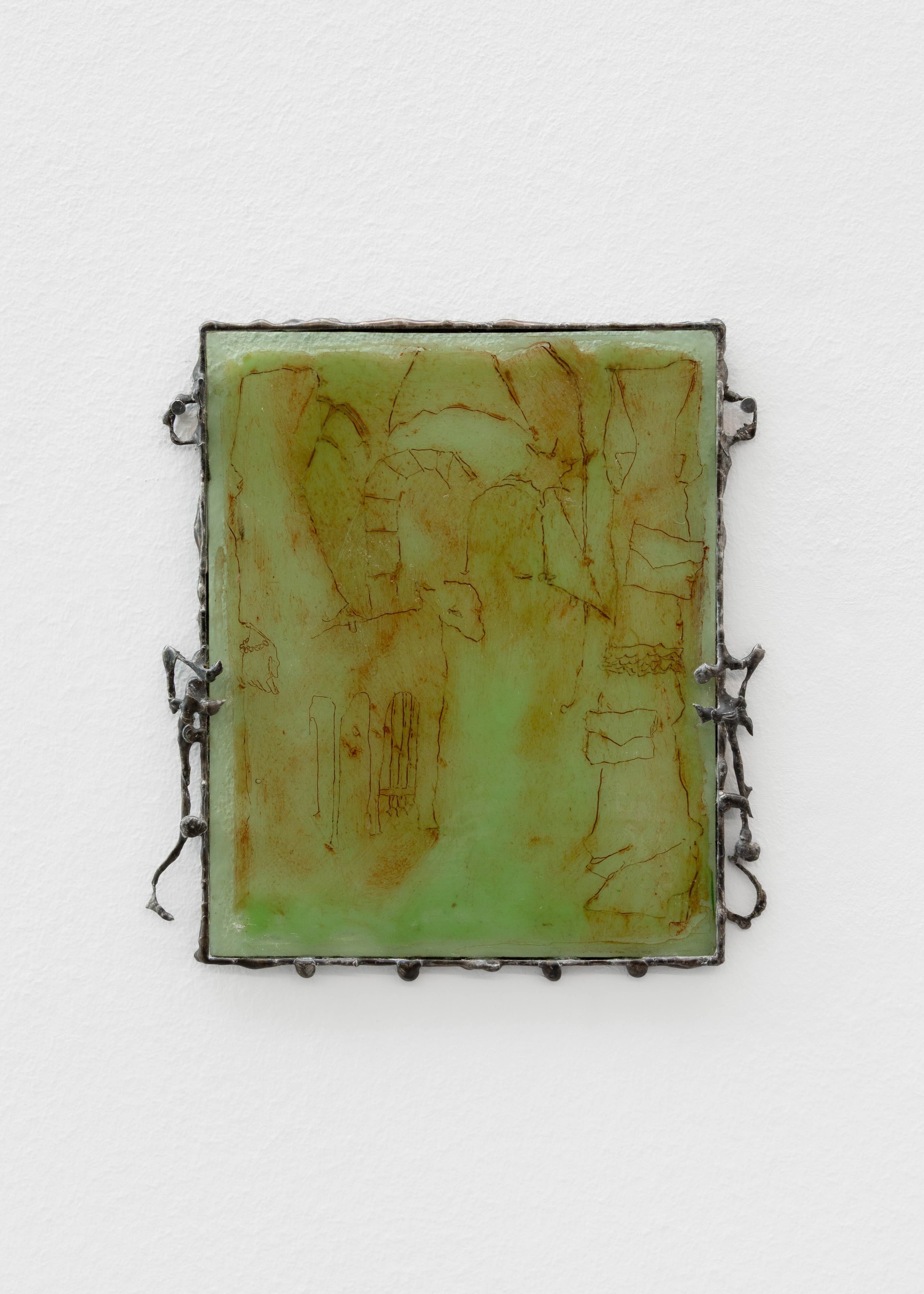A wall-mounted work is comprised of a thin, soldered metal frame with abstracted pieces that extend past its rectangular border. Inside the frame, brown, semi-abstracted thin lines are drawn over a translucent light green layer.