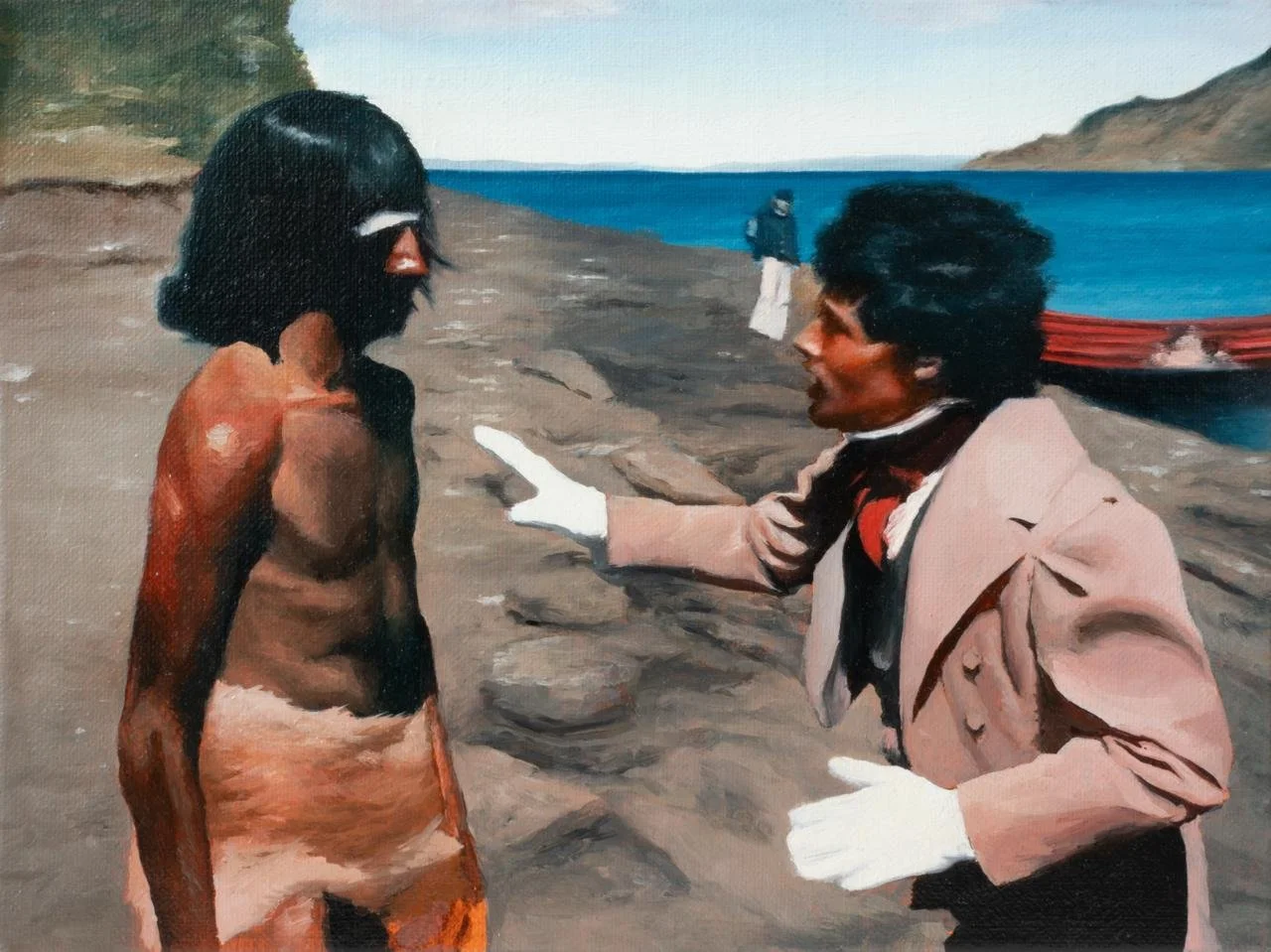 Figurative painting depicting a European man gesturing toward an Indigenous person on a rocky shoreline with the sea in the background.