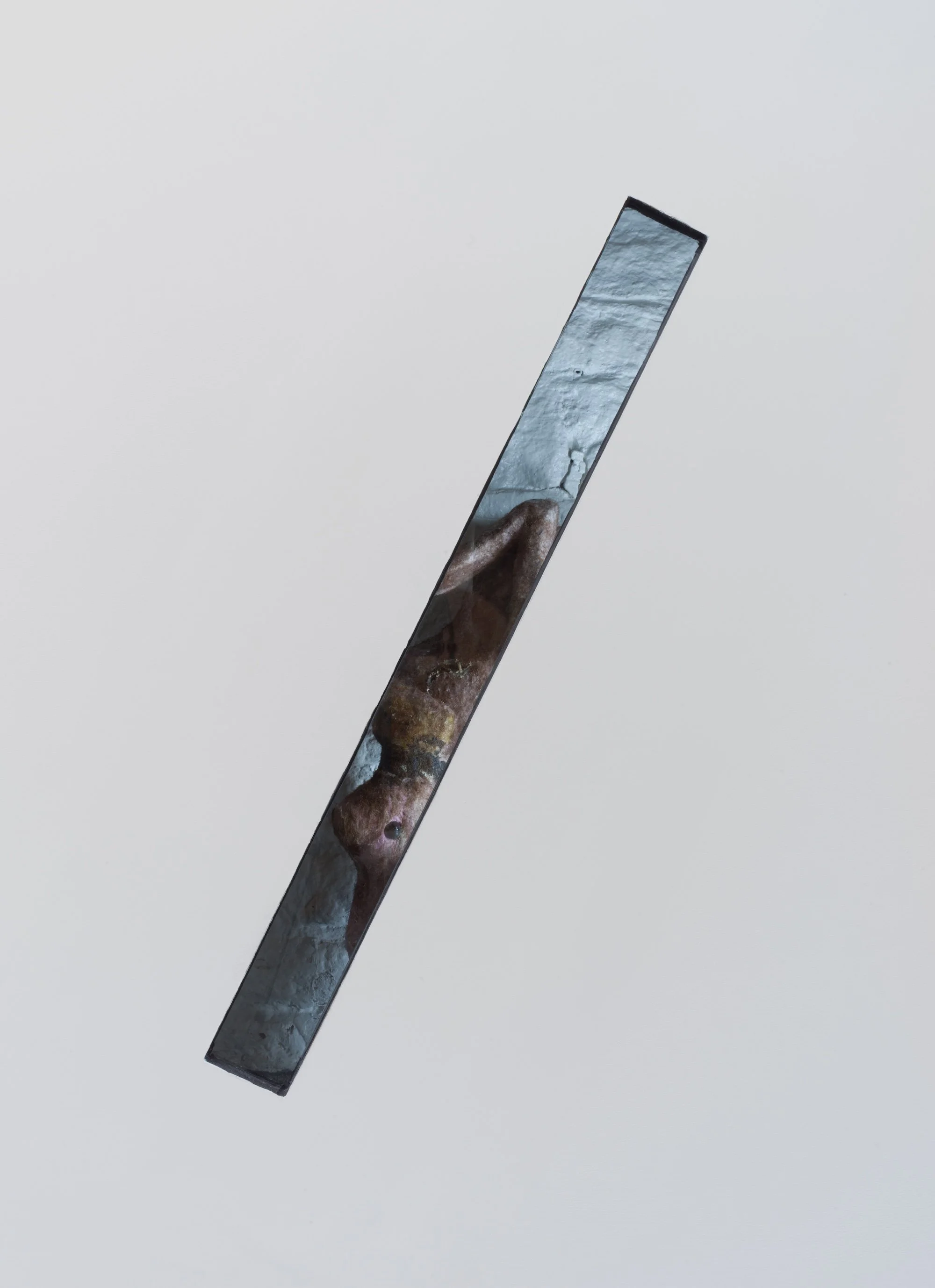 Long narrow wall-mounted panel with reflective surface and organic brown form embedded inside.