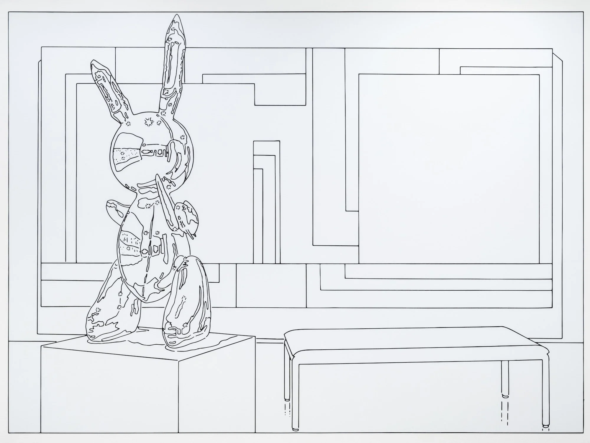 Minimal line drawing of a rabbit-shaped sculpture on a pedestal beside a bench, set against layered rectangular wall panels.