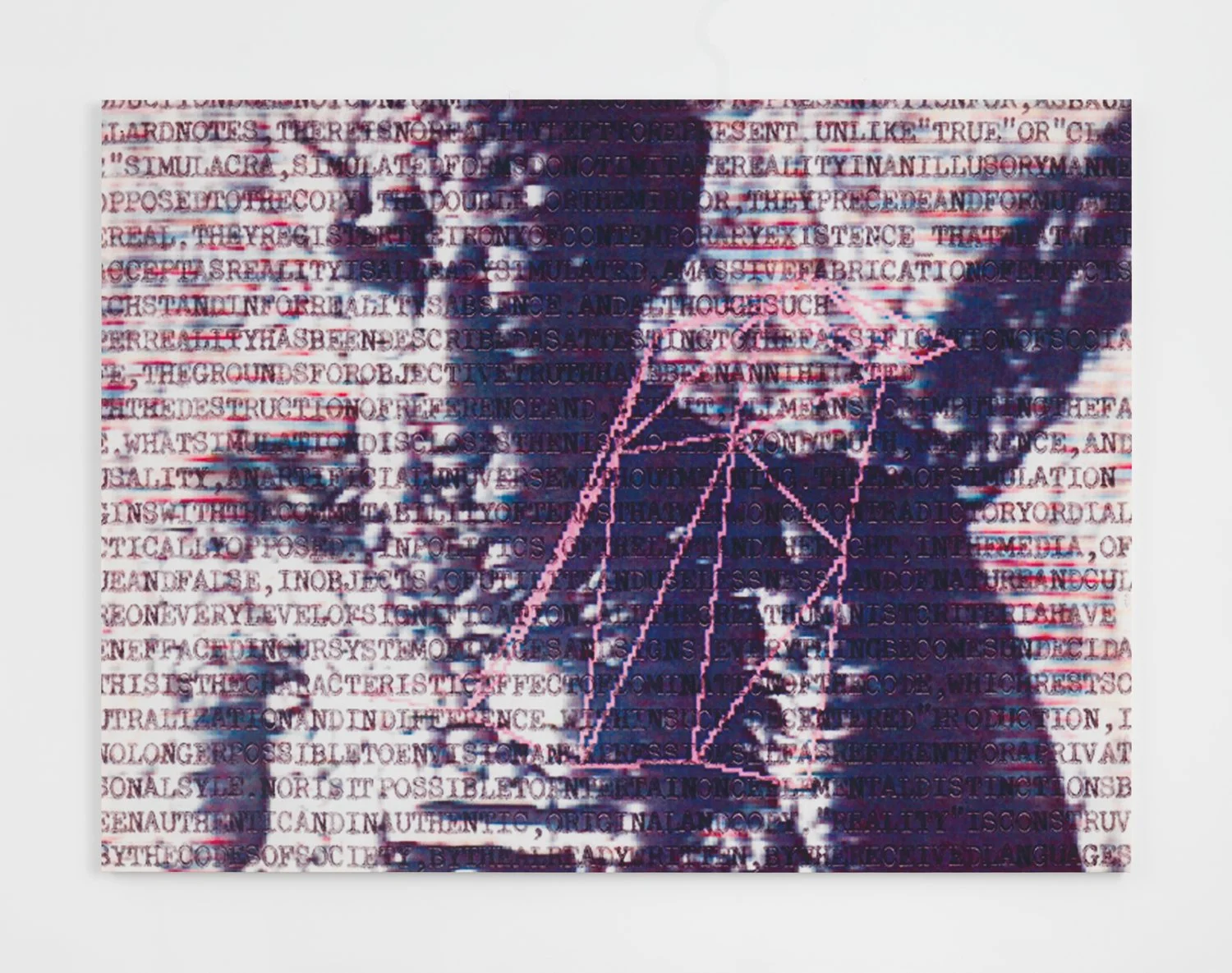 A blue, blurry abstracted image lies underneath superimposed lines of all caps typewriter font text. A pixellated pink structure of lines stretches across the center right of the painting.