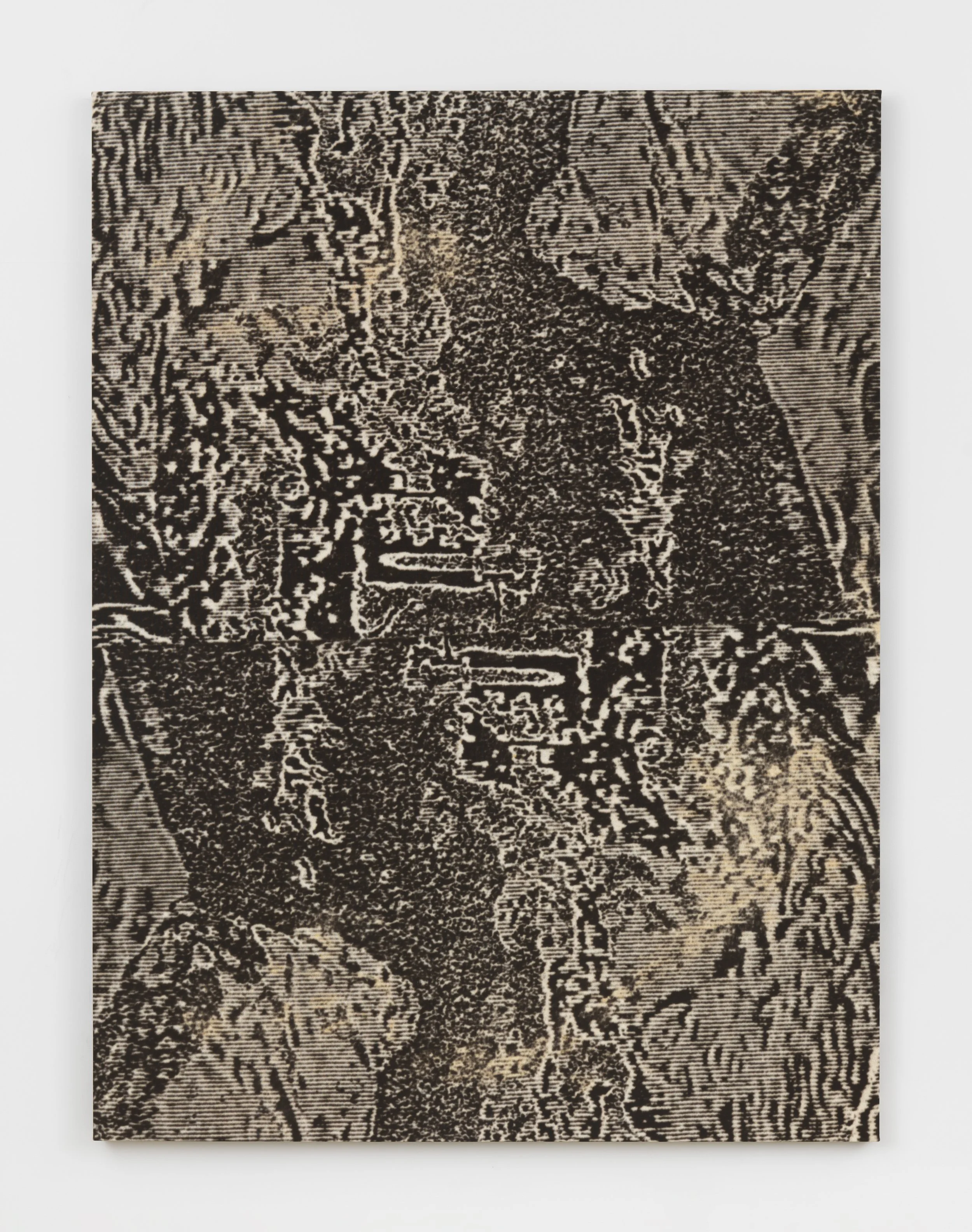 A painting depicts screen-like pixellations of abstract shapes, as if seeing a blurry topographical map or a microscope slide. The painting is done in one monochromatic greyish-brown and white.