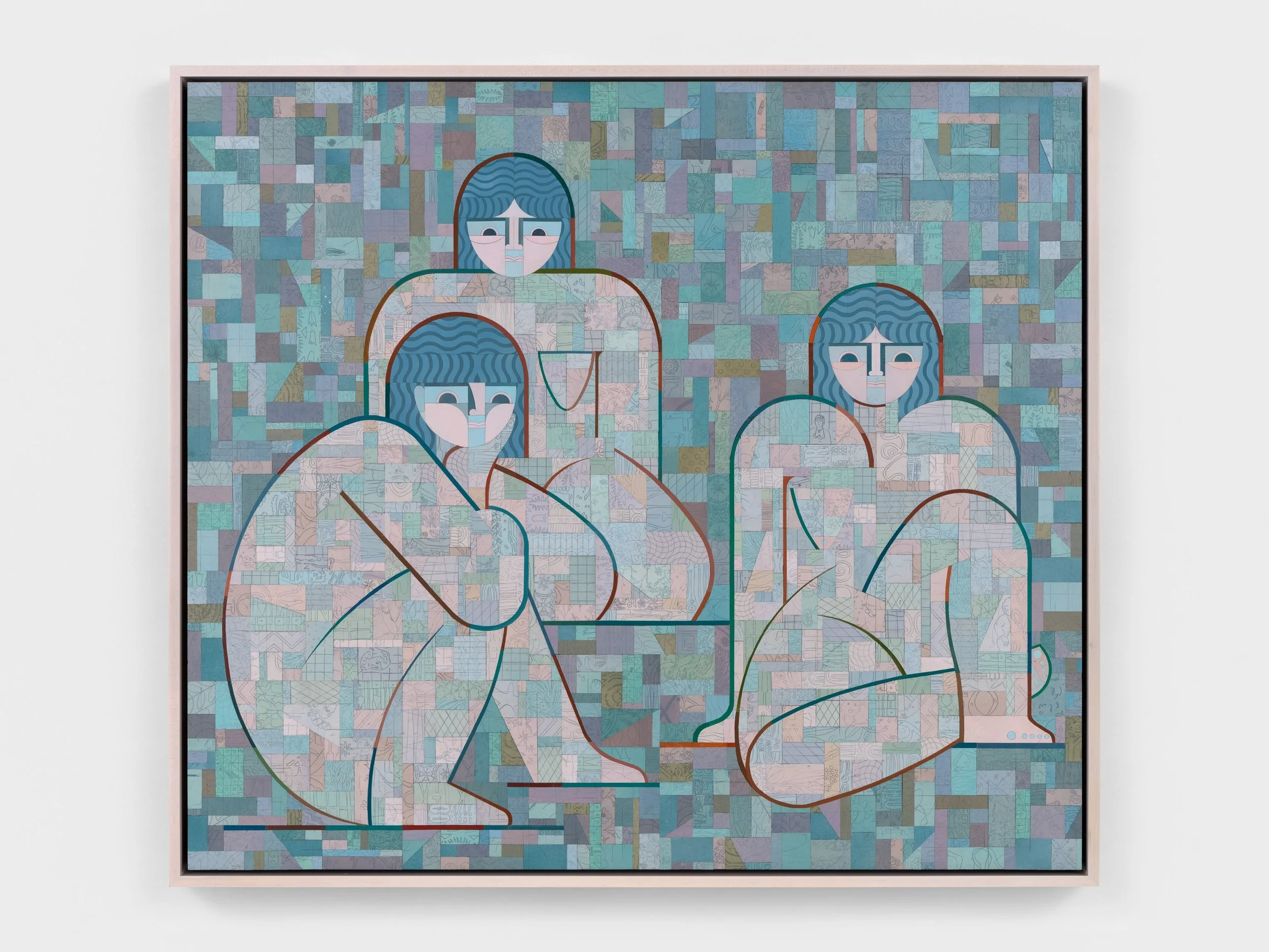 A painting made of small geometric patches depicts three abstracted bodies, presumably women, sitting. The palette is mostly blue, with some light pink and brown tones.