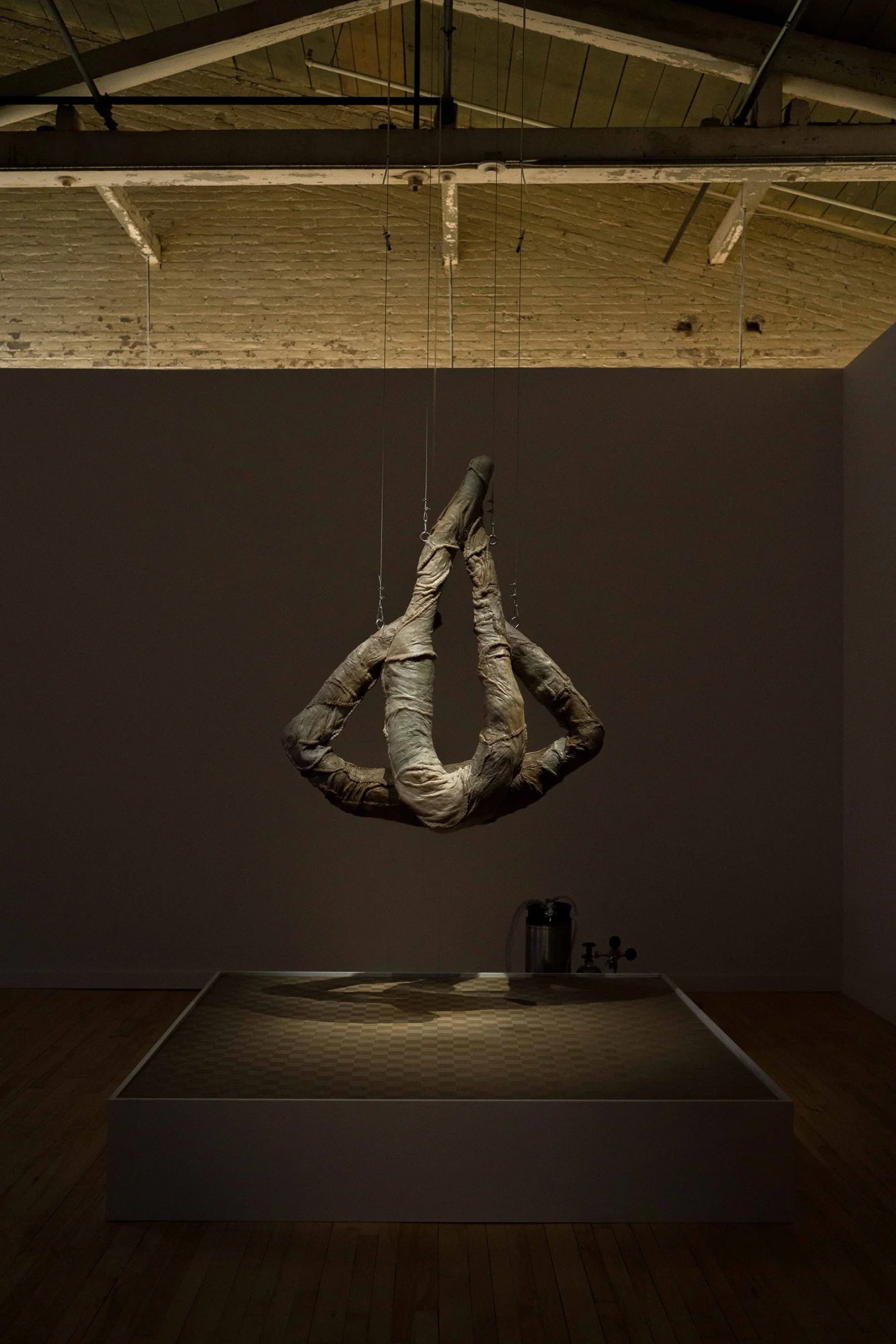 Installation view of Anna Ting Möller’s In Tandem (2025), a suspended, skin-like sculptural form hanging above a low platform in a dim gallery.