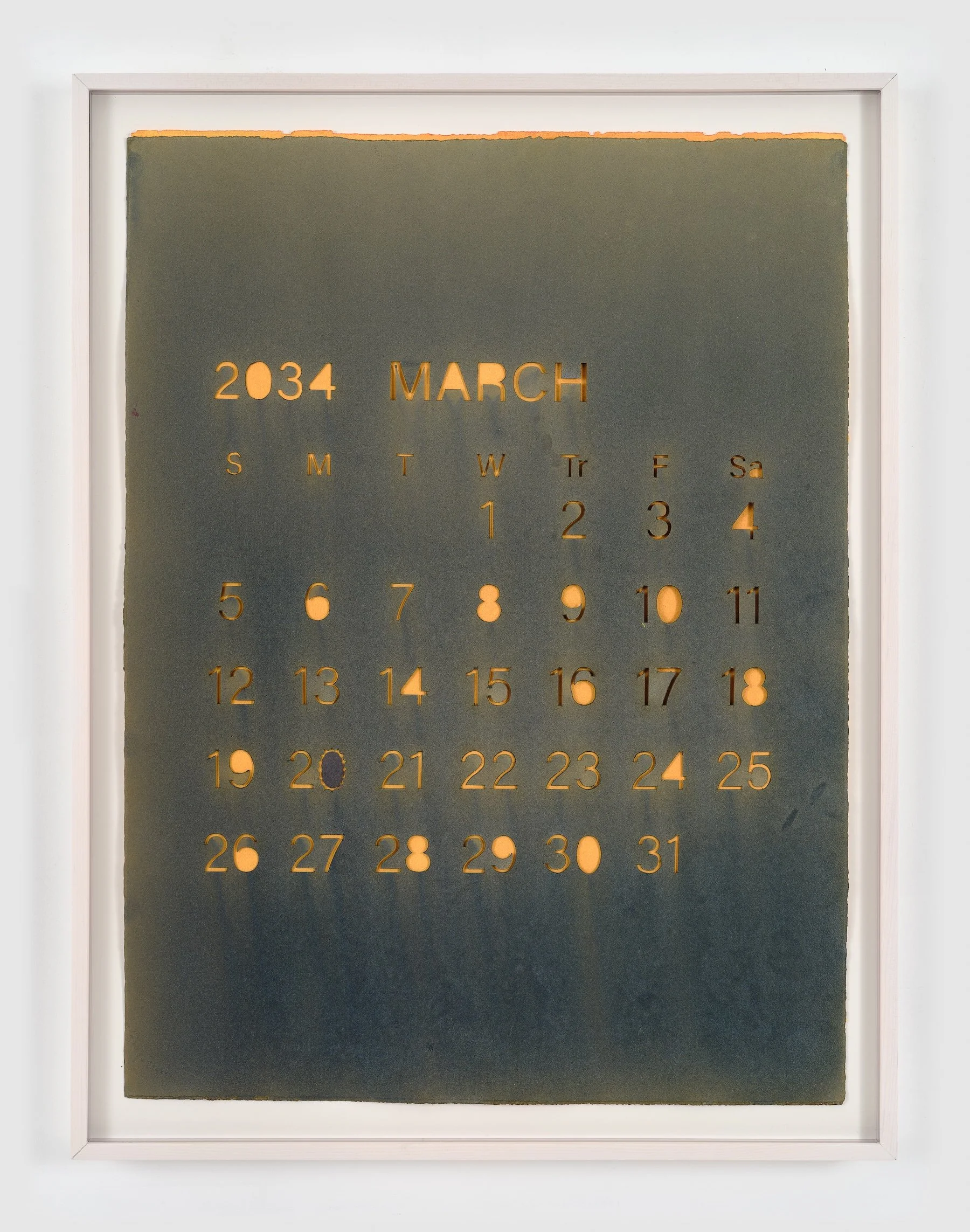 Framed artwork depicting a calendar for March 2034, with embossed gold numerals set against a muted blue-green ground.