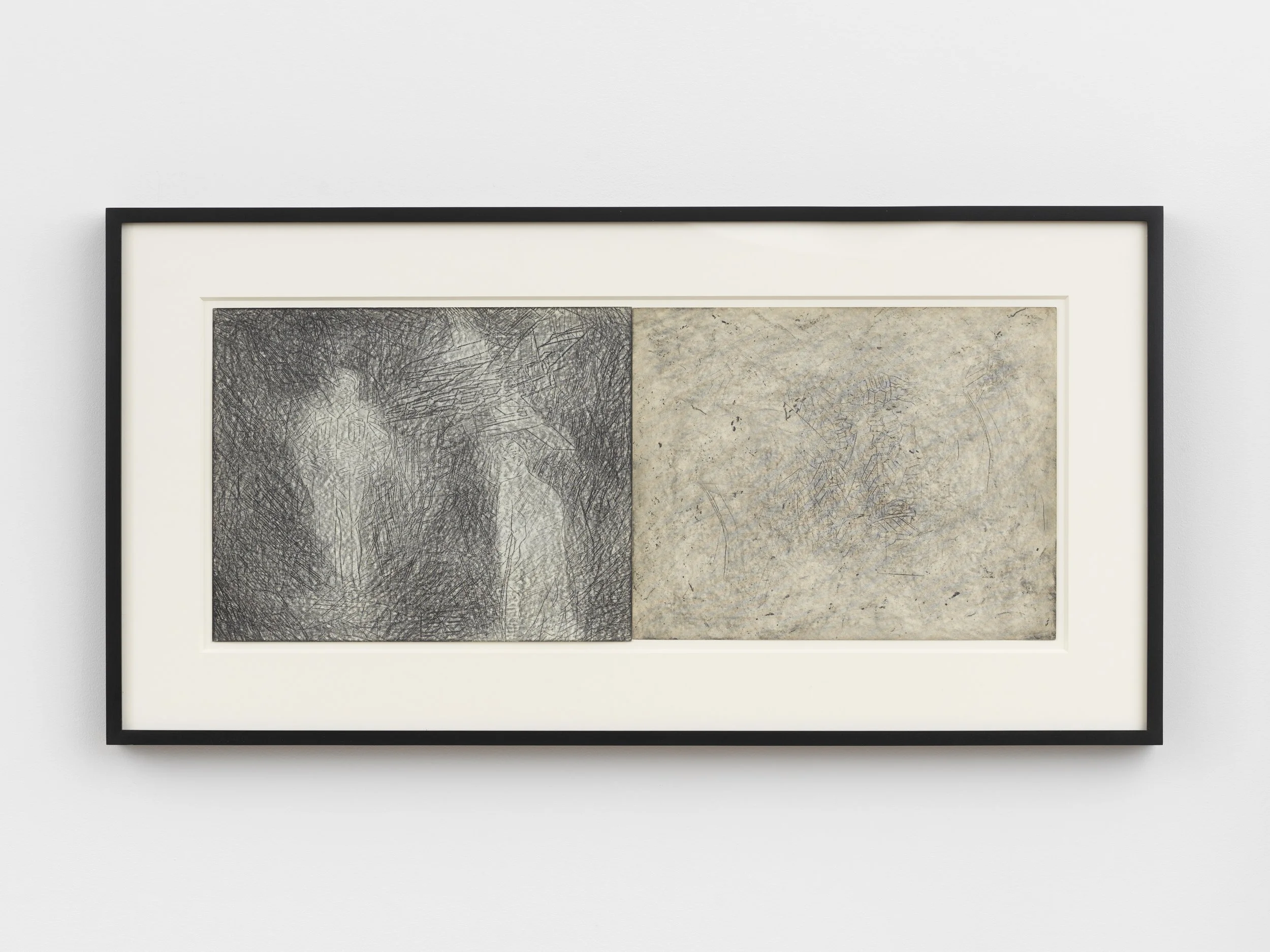 A framed graphite on paper diptych is made of two sheets of paper, one marked heavier than the other. Both feature traces of graphite scratches and marks. The left sheet depicts a lighter blurry figure against shadowy noise.