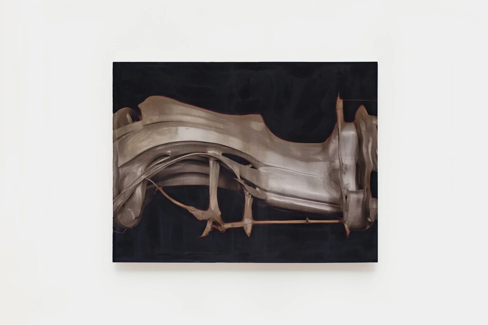 Abstract painting depicting layered, translucent bone-like forms stretched horizontally against a dark background.