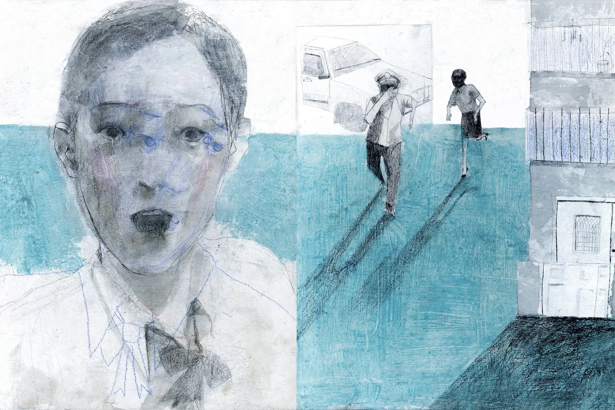 Close-up face over blue ground; two figures run across an open, empty space.