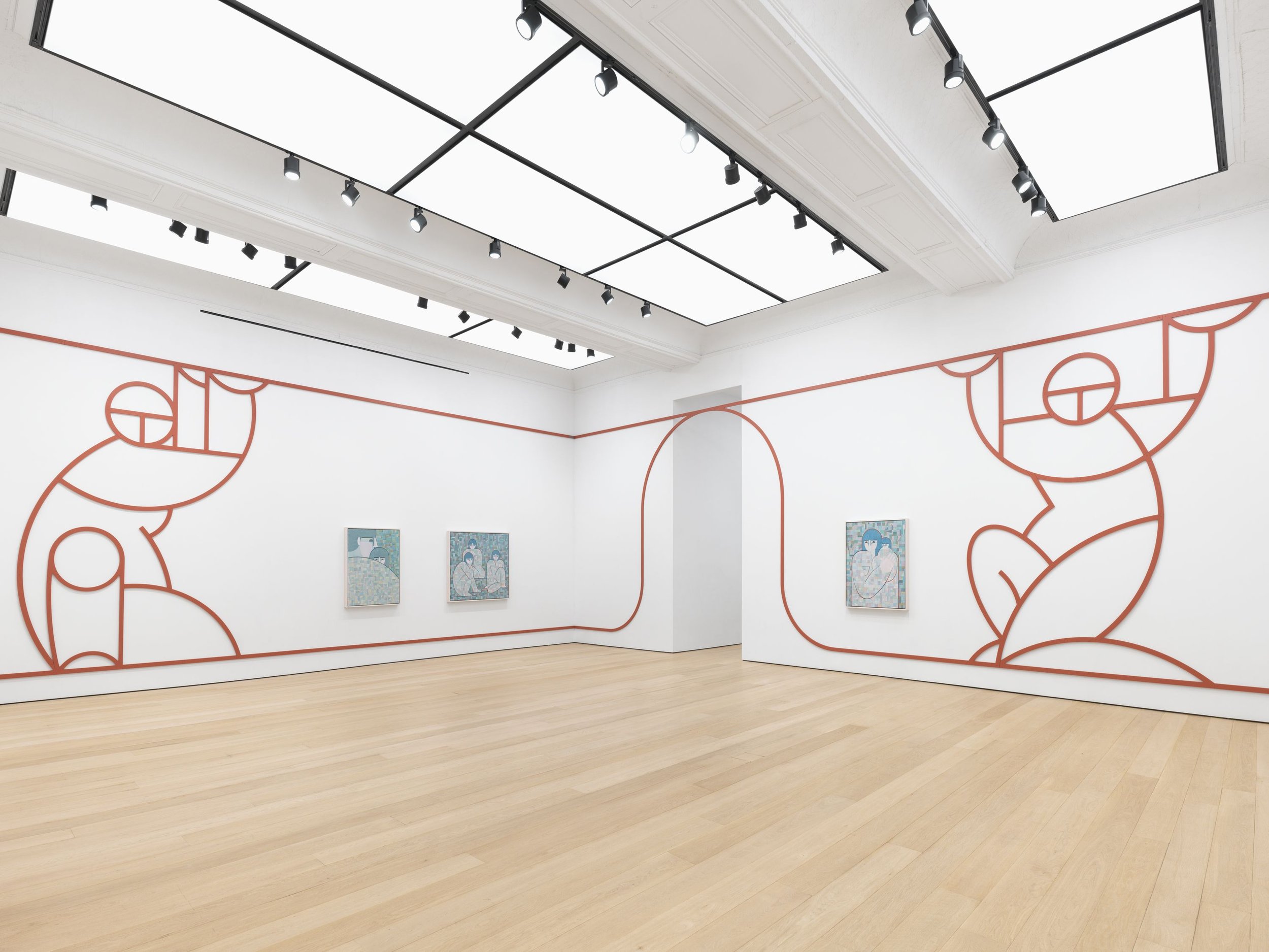 Three medium-sized paintings with blue palettes line the walls of a white gallery, in addition to a large bas-relief outline of two abstracted figures holding up architectural lines which snake along the exhibition's walls and doorways.