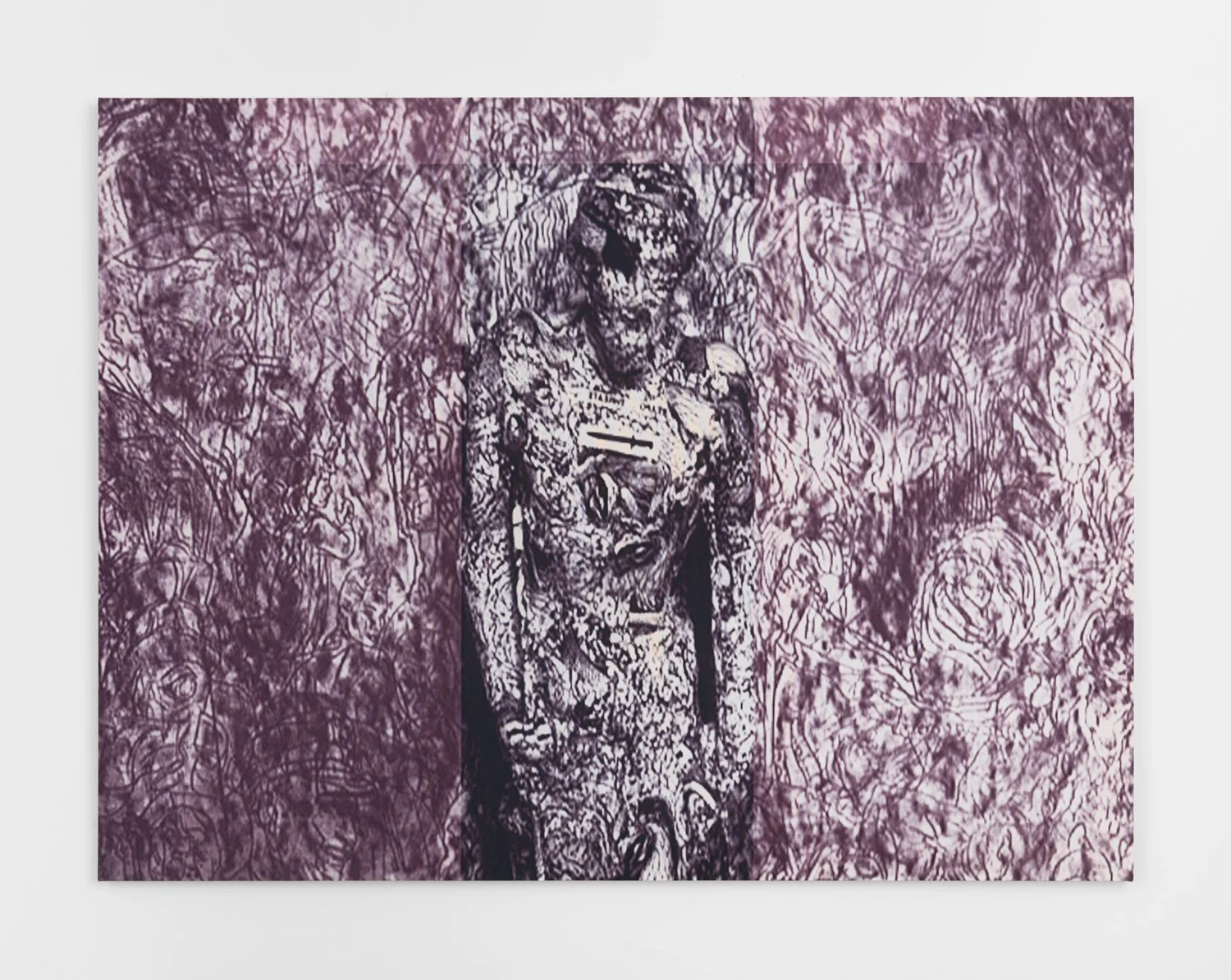 A painting depicts a shadowy, hunched, statuesque figure made up of marks and scribbles in dark purple against a background of lighter purple with the same mark patterns.