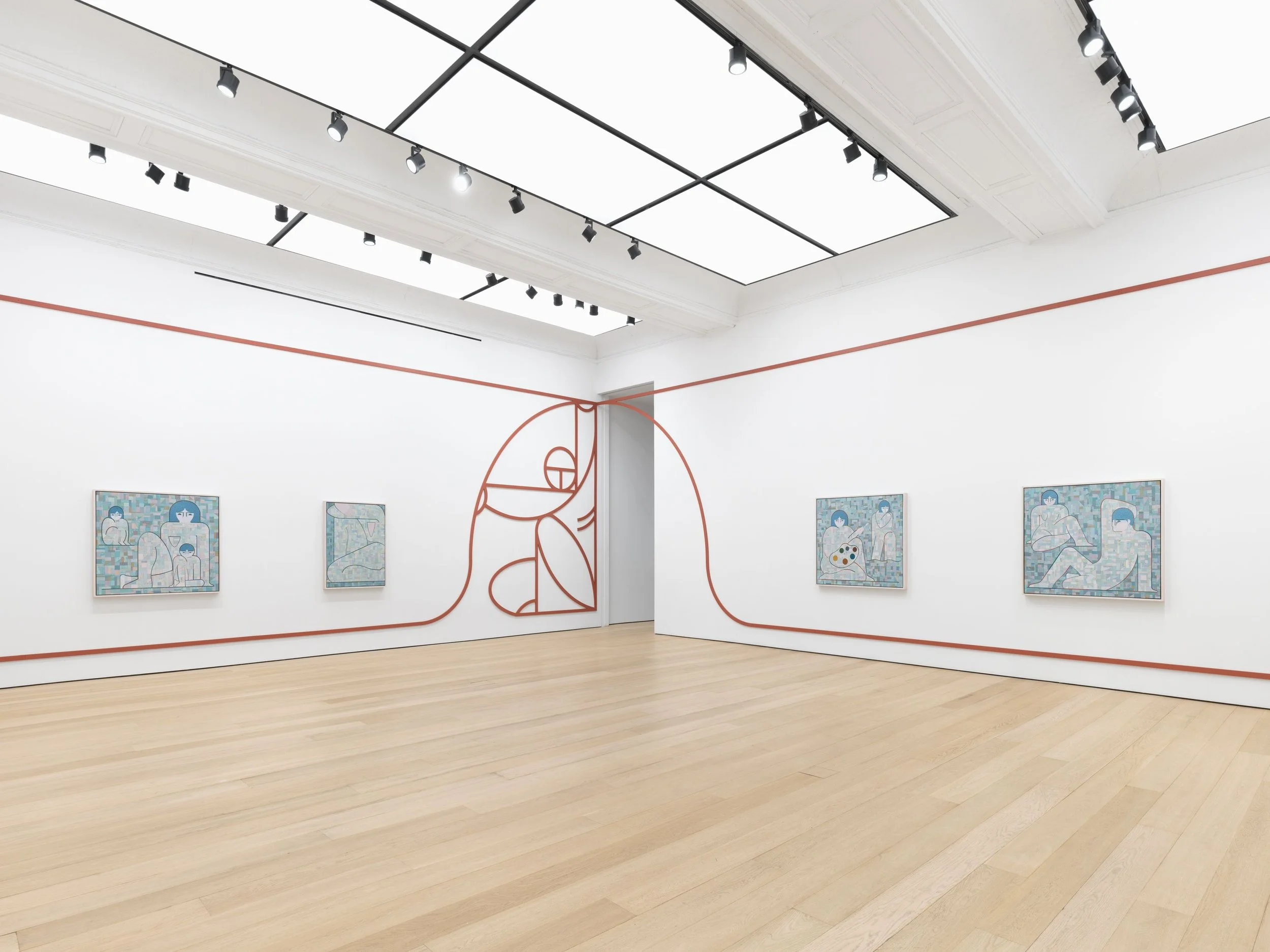 A large, white gallery room hosts four medium-large paintings in view as well as a bas-relief like sculpture of an abstract body holding up curved and straight lines, which line the gallery's walls and doorways.