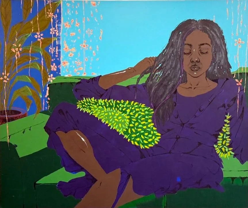 Painting of a reclining figure in a purple dress resting on a green sofa, surrounded by turquoise and yellow tones.