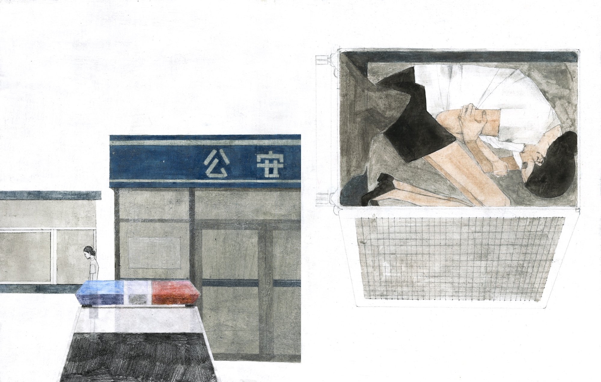 Police car outside storefront; woman curled inside a boxed compartment above.