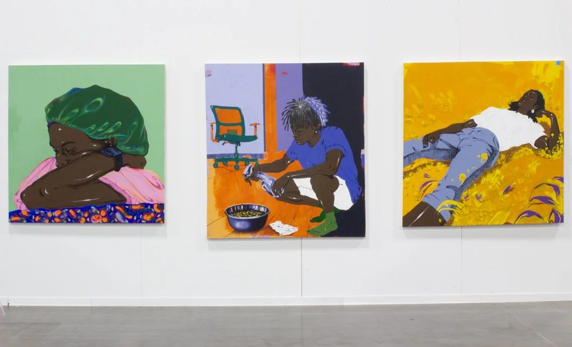 Gallery view of three figurative paintings hung side by side on a white wall, each depicting moments of rest and interior life.