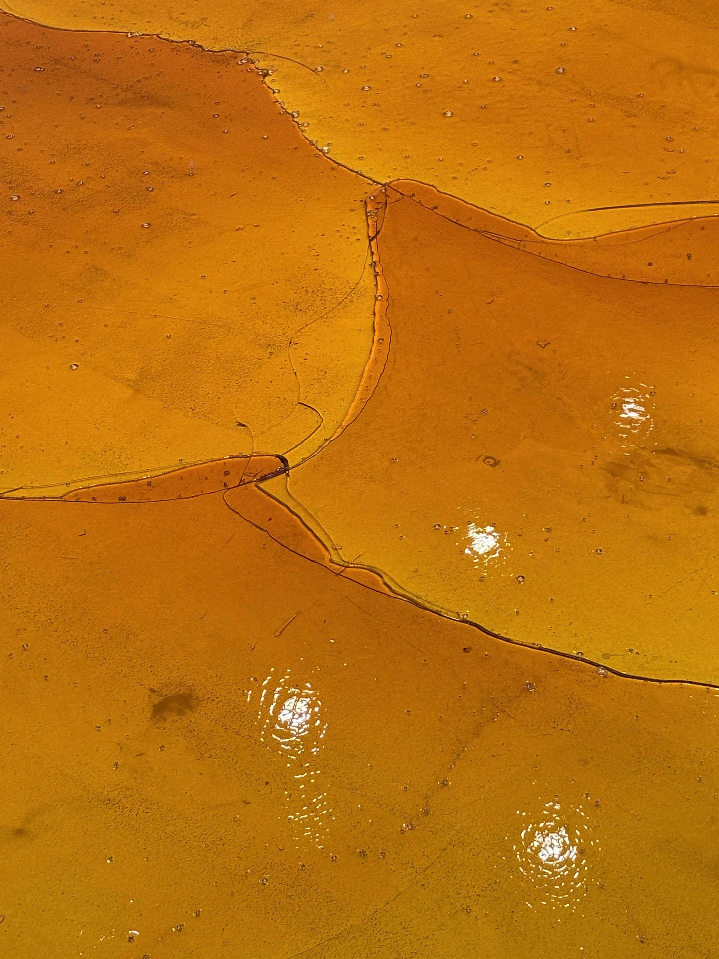 Semi-transparent, resinous amber material sits on top of a concrete floor. The material is shiny and has many cracks running through it.