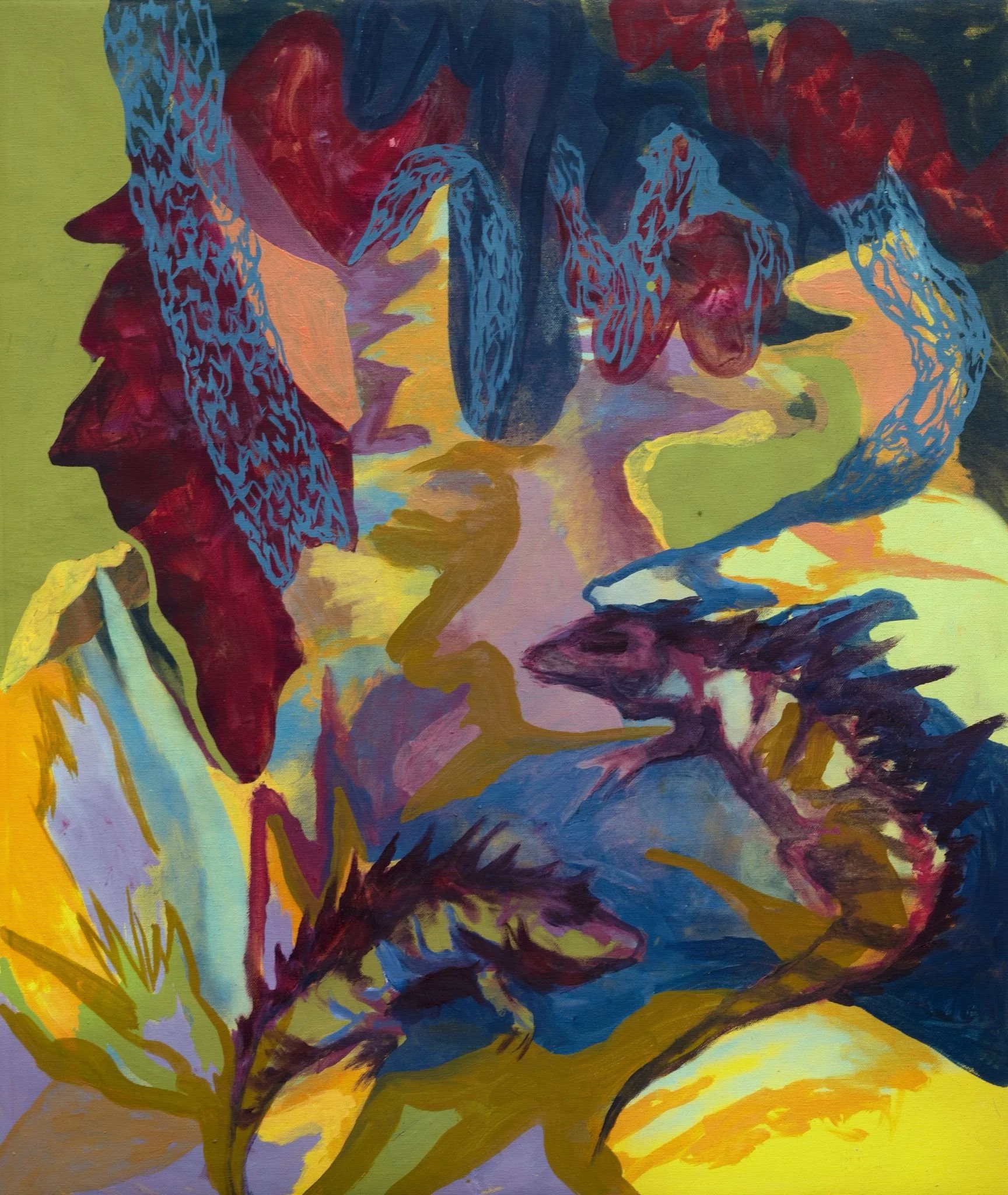 Colorful surreal painting with bird-like and reptilian creatures intertwined in a vibrant abstract landscape.